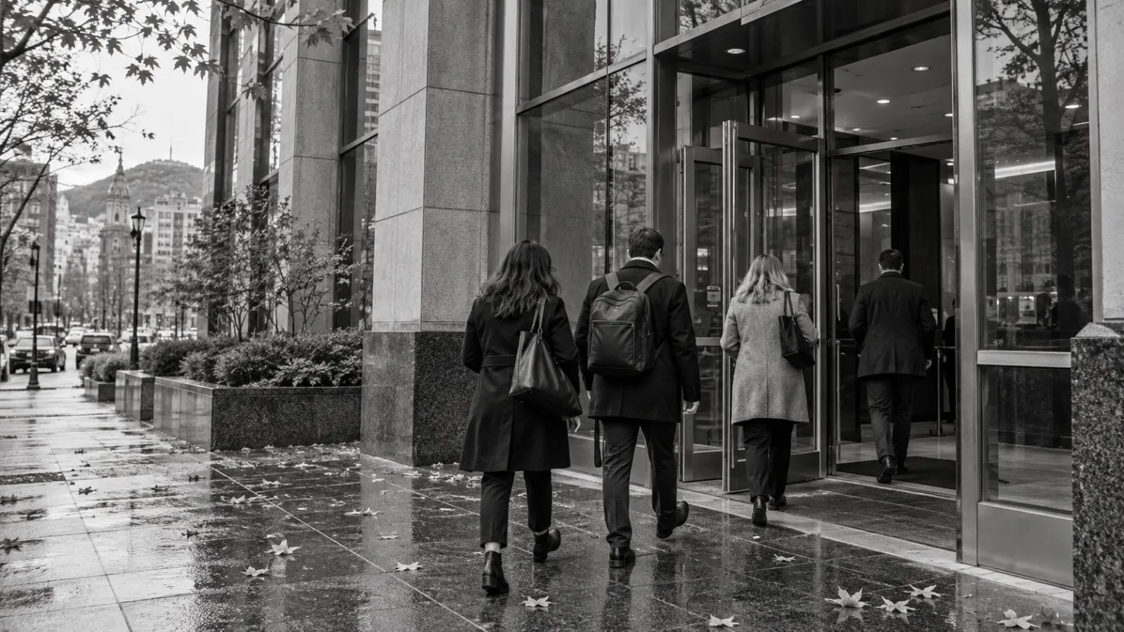 Workers enter an office building in Montréal, Canada, on an overcast morning. (AI-generated image / EconoTimes)