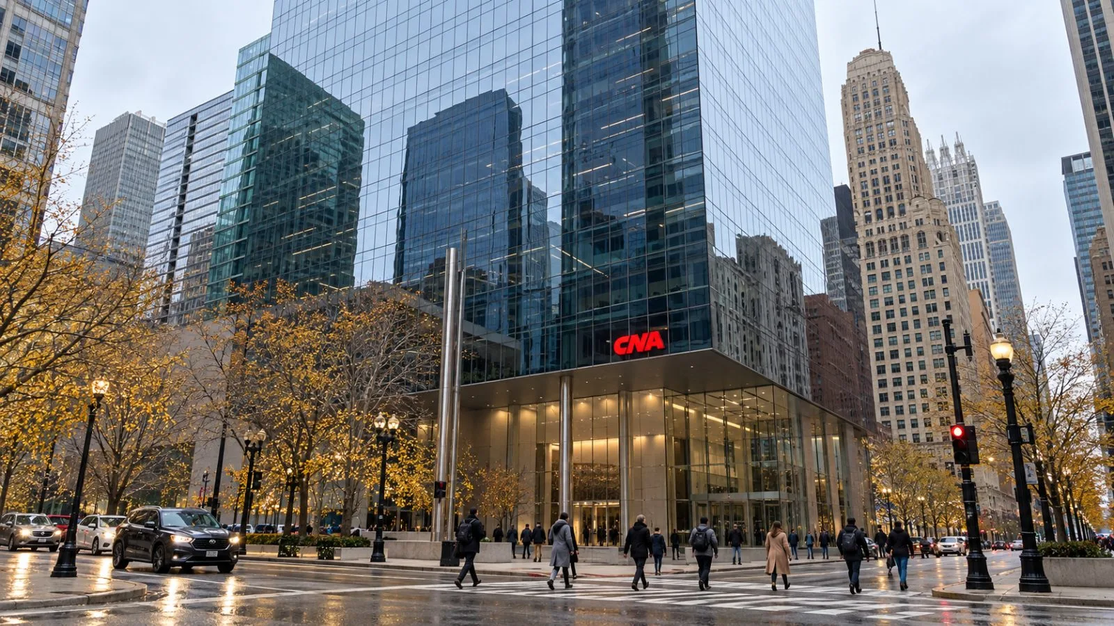 Pedestrians cross outside CNA Center on a cloudy morning in downtown Chicago. / EconoTimes.ai
