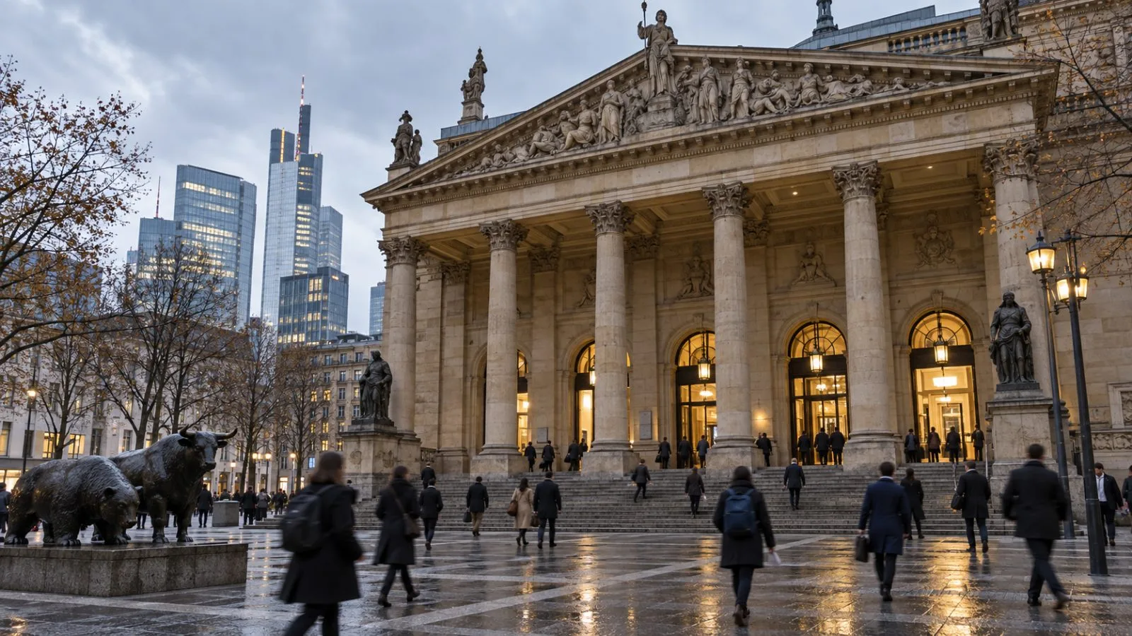 Pedestrians pass the Frankfurt Stock Exchange in overcast late-afternoon light. / EconoTimes.ai
