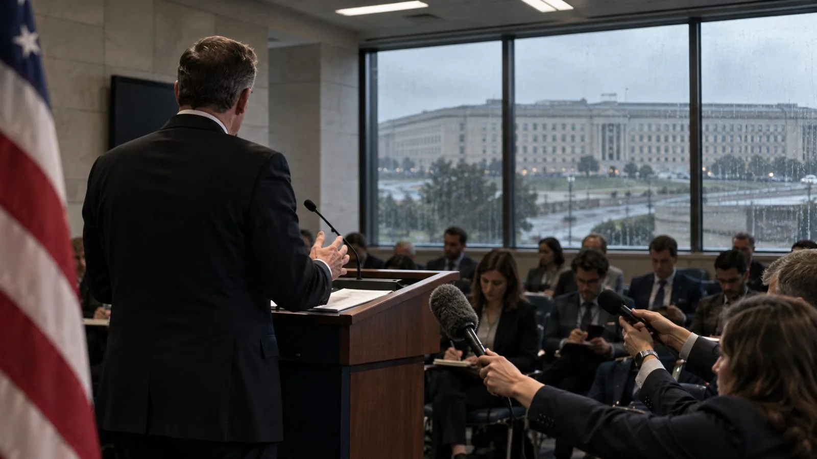 Microphones line a lectern during a Pentagon briefing in Arlington, Virginia. (AI-generated image / EconoTimes)