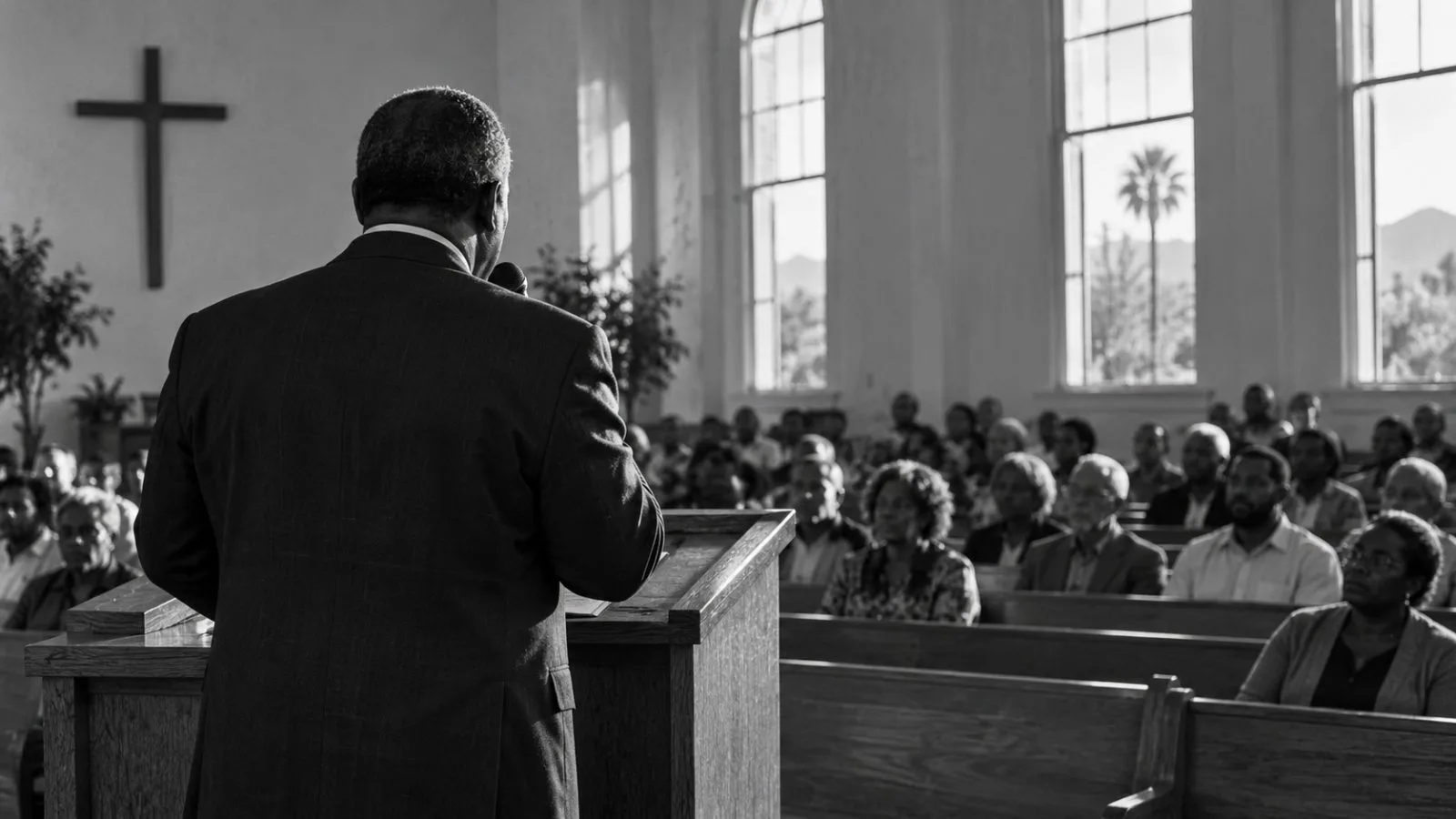 A pastor speaks at a pulpit inside a Phoenix church sanctuary. (AI-generated image / EconoTimes)