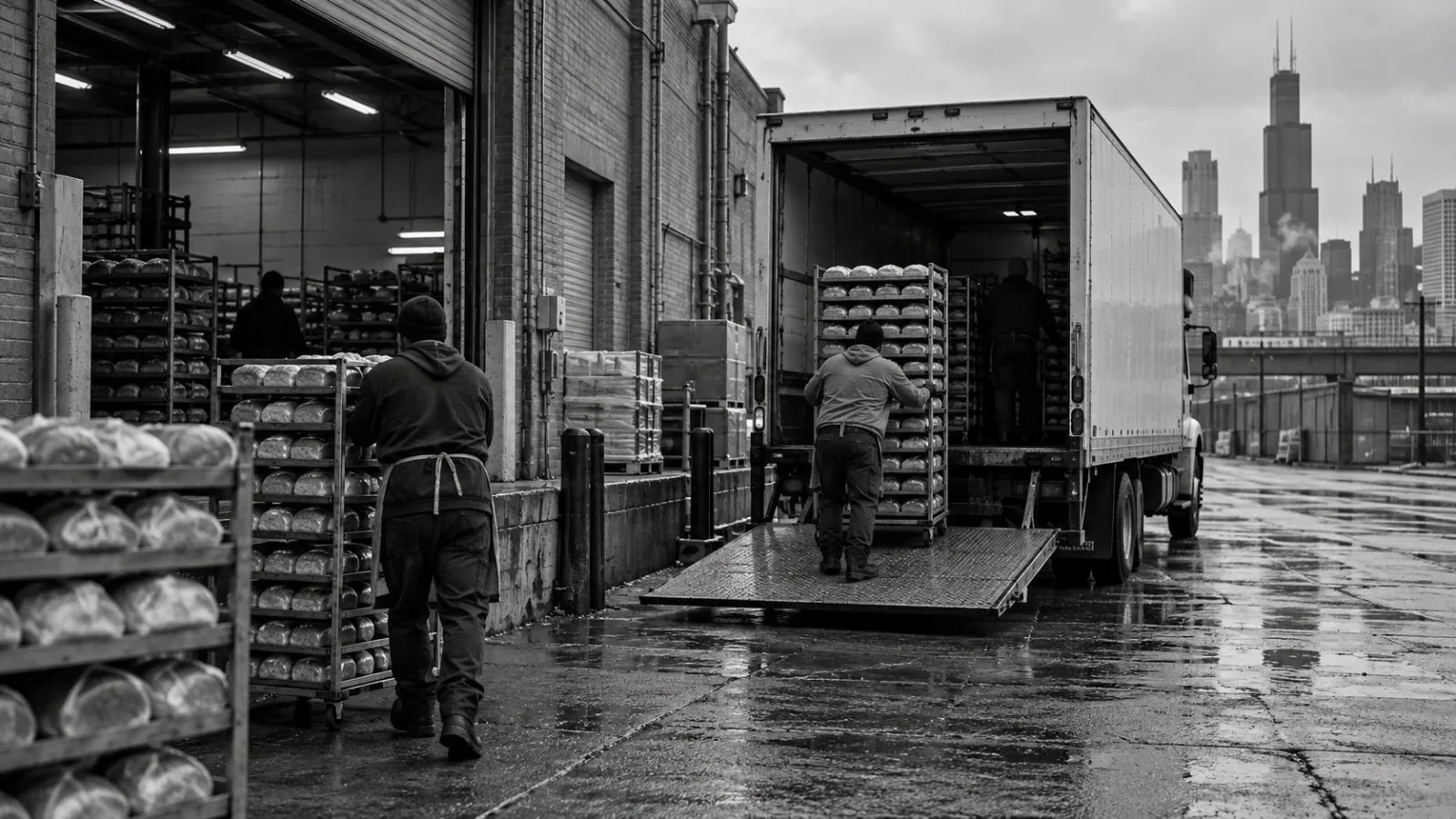Workers load bread trays beside a delivery truck at a bakery warehouse in Chicago. (AI-generated image / EconoTimes)