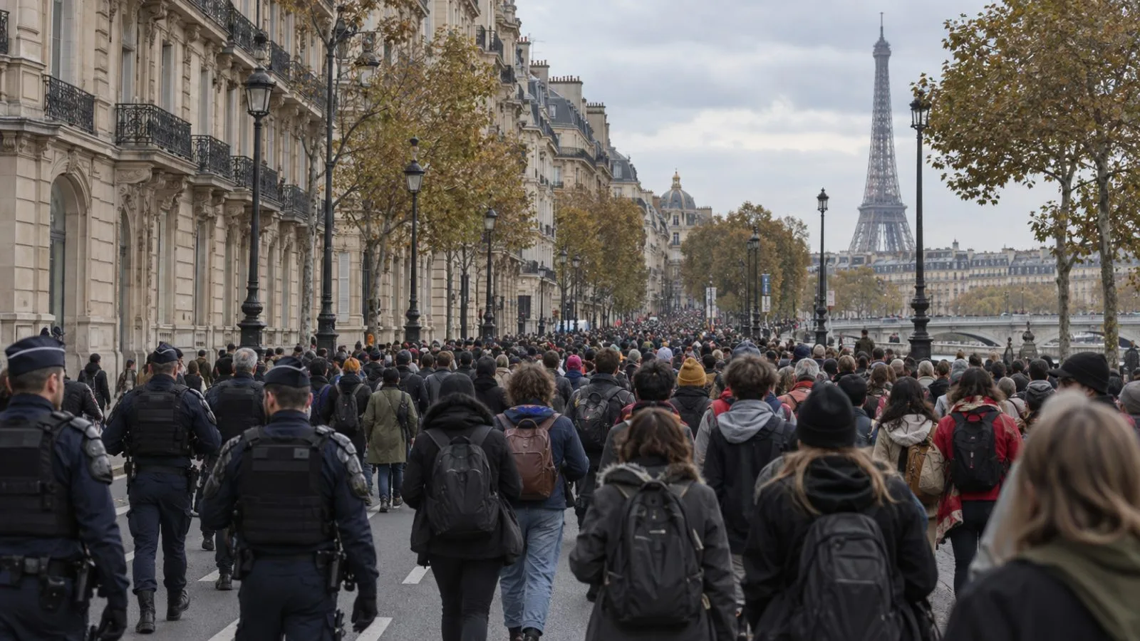 Demonstrators march past police on a Paris street under overcast skies. (AI-generated image / EconoTimes)