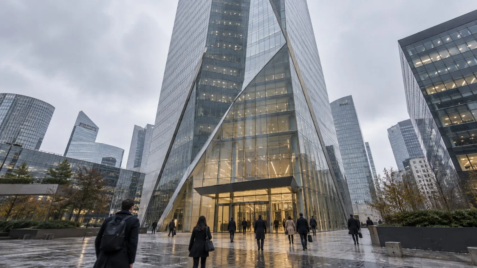 Office workers enter Tour Voltaire in Puteaux, France, beneath an overcast morning sky. (AI-generated image / EconoTimes)