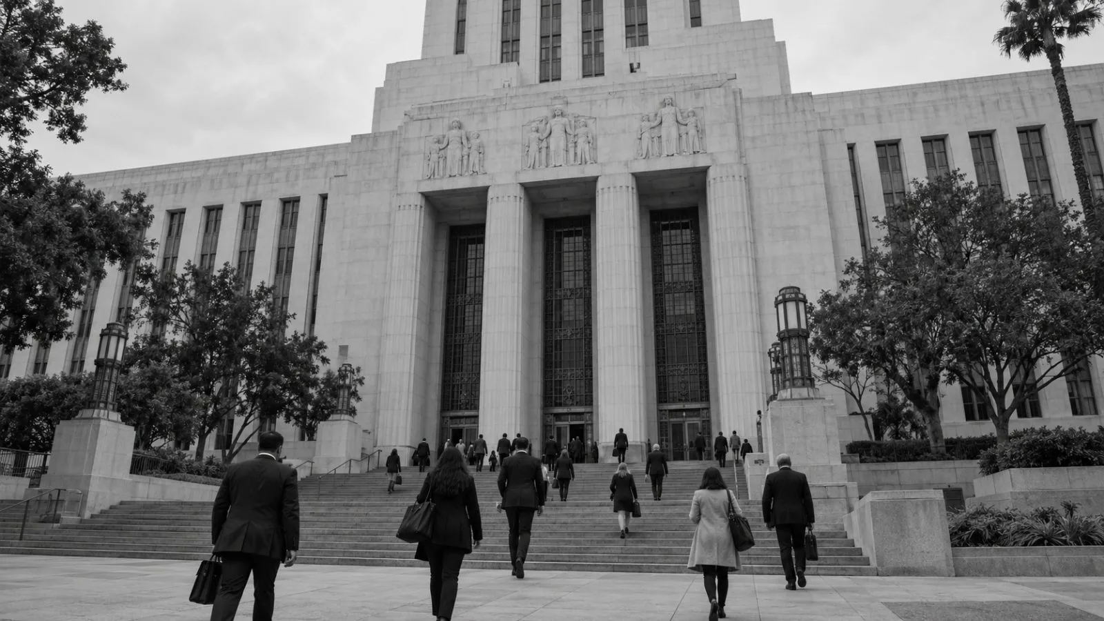 People approach the Los Angeles County Superior Court in downtown Los Angeles on an overcast morning. (AI-generated image / EconoTimes)