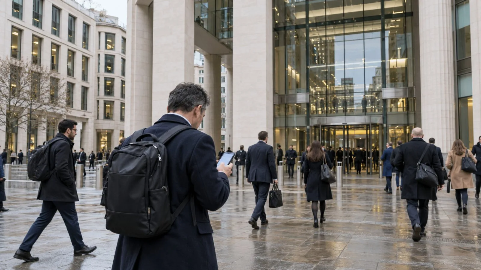 Commuters pass the London Stock Exchange at Paternoster Square in London. (AI-generated image / EconoTimes)