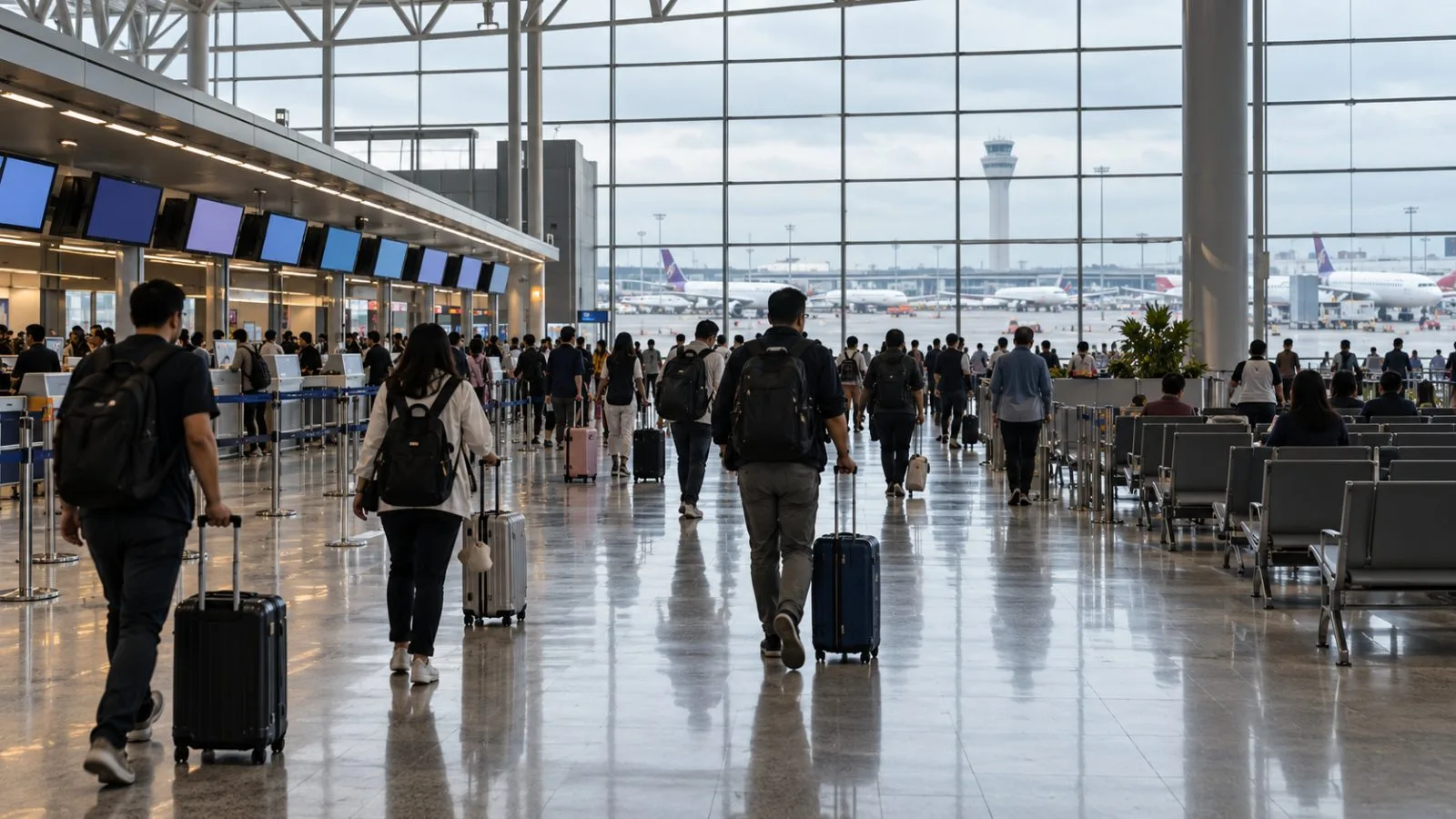 Travelers move through a departure hall at Don Mueang Airport in Bangkok. (AI-generated image / EconoTimes)