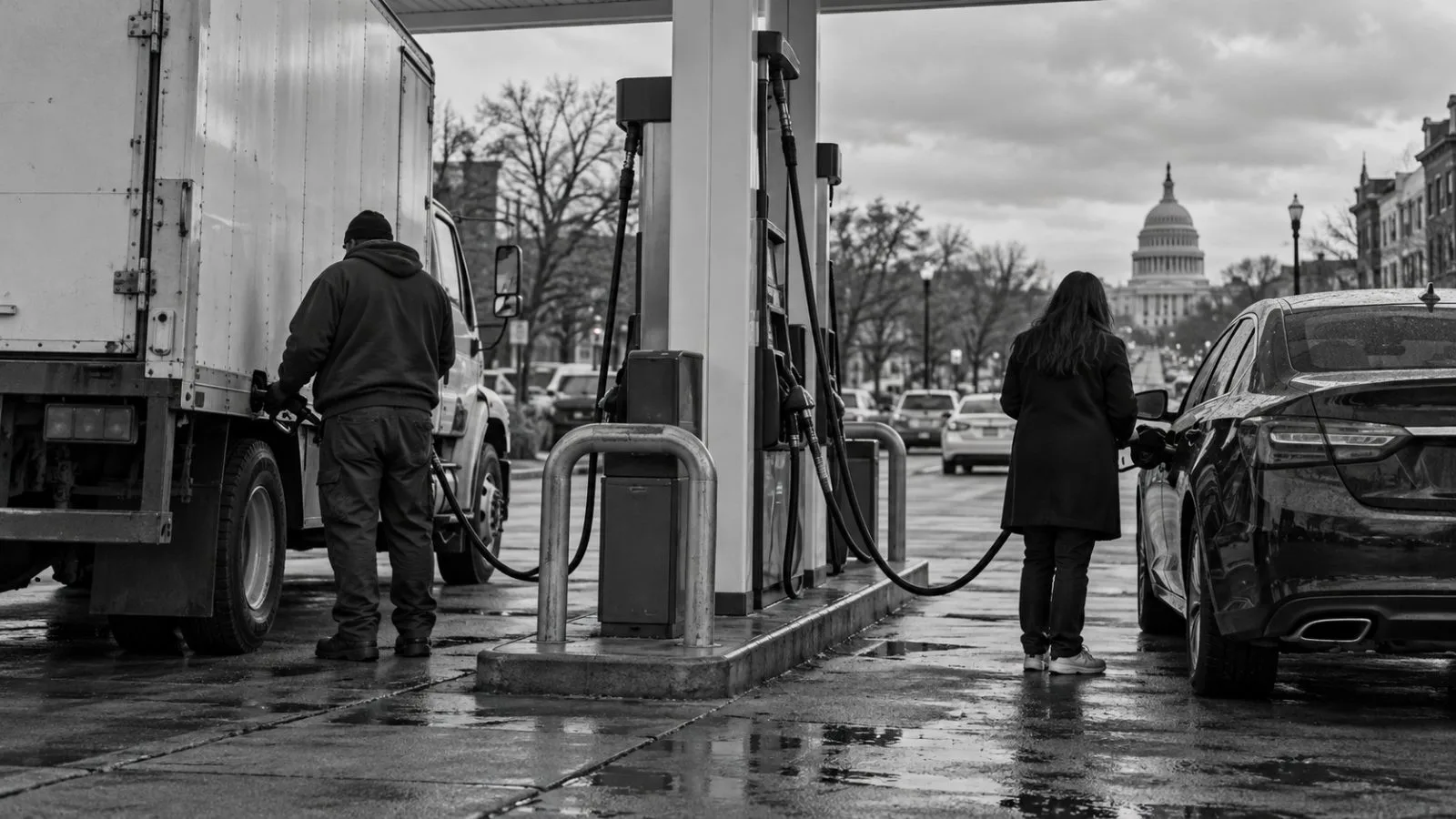 Drivers refuel a delivery truck and passenger car in Washington, D.C. (AI-generated image / EconoTimes)