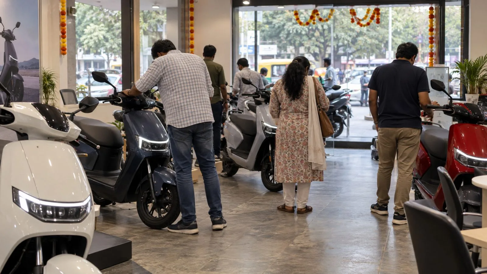 Shoppers inspect electric scooters at a New Delhi dealership during Navratri. (AI-generated image / EconoTimes)