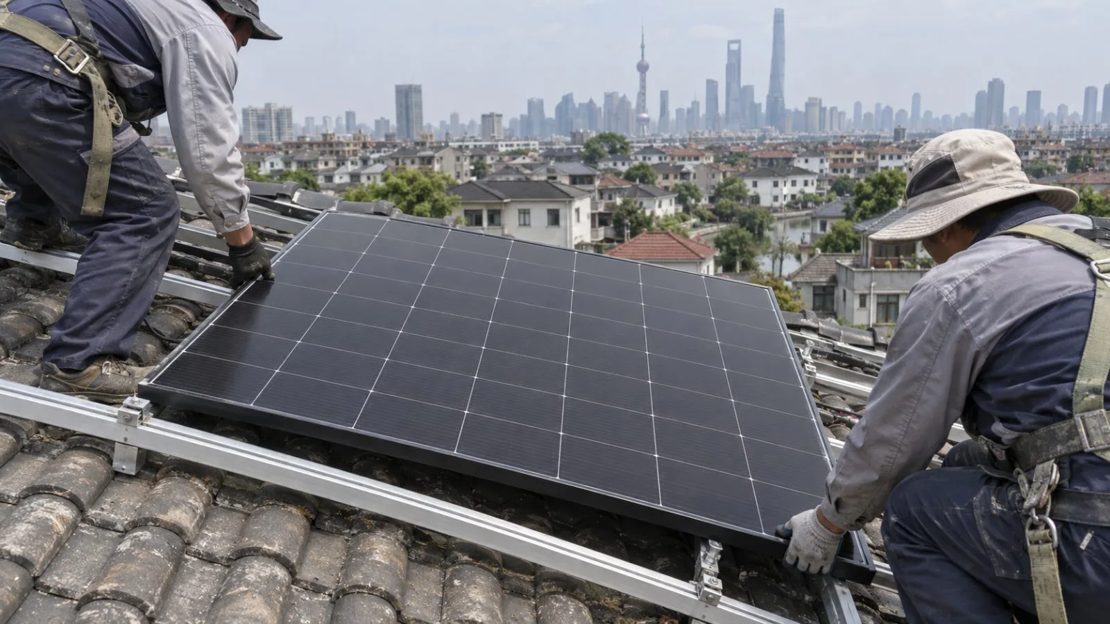 Workers position a black residential solar panel on a rooftop in Shanghai, China. (AI-generated image / EconoTimes)