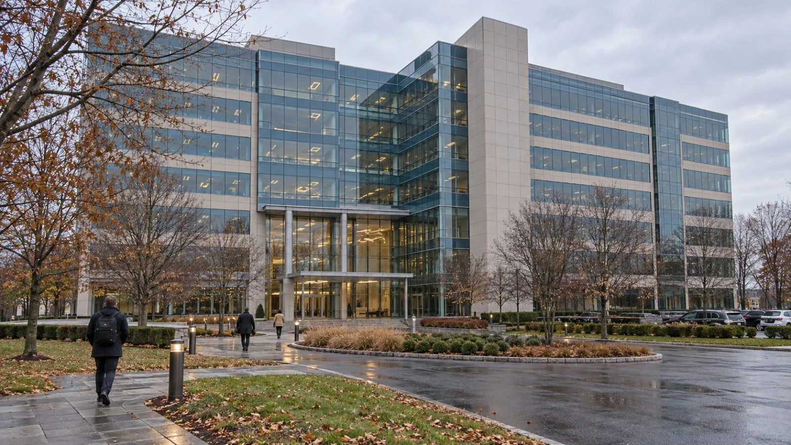 The Merritt 7 office tower rises above a landscaped forecourt in Norwalk, Connecticut. / EconoTimes.ai