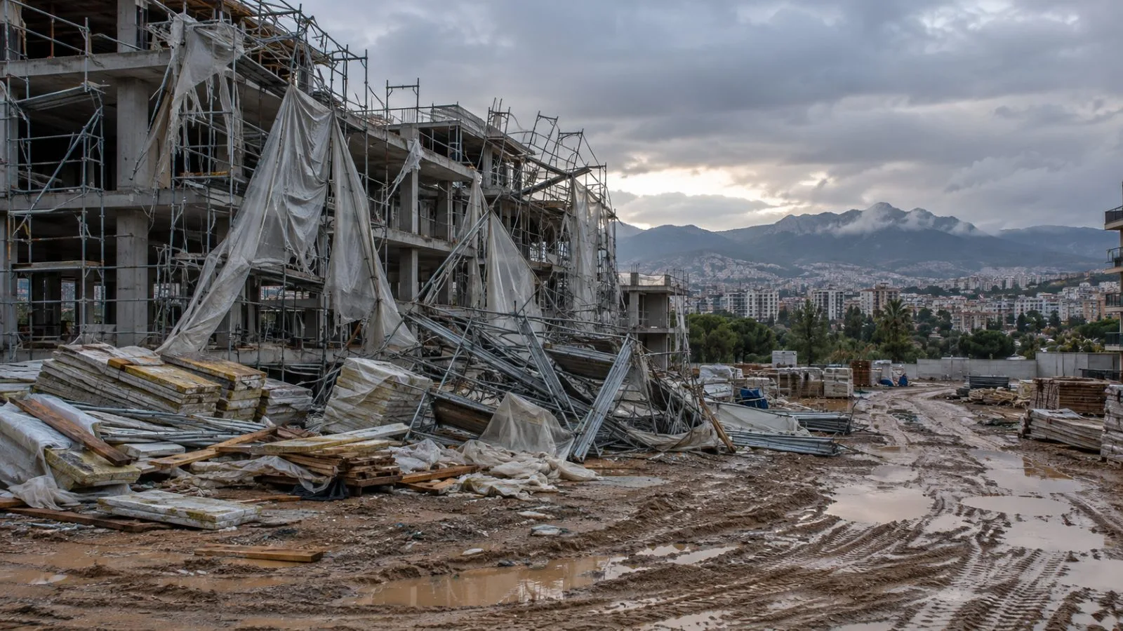 Storm-damaged scaffolding and construction materials lie at a site in Kepez, Antalya, Turkey. (AI-generated image / EconoTimes)