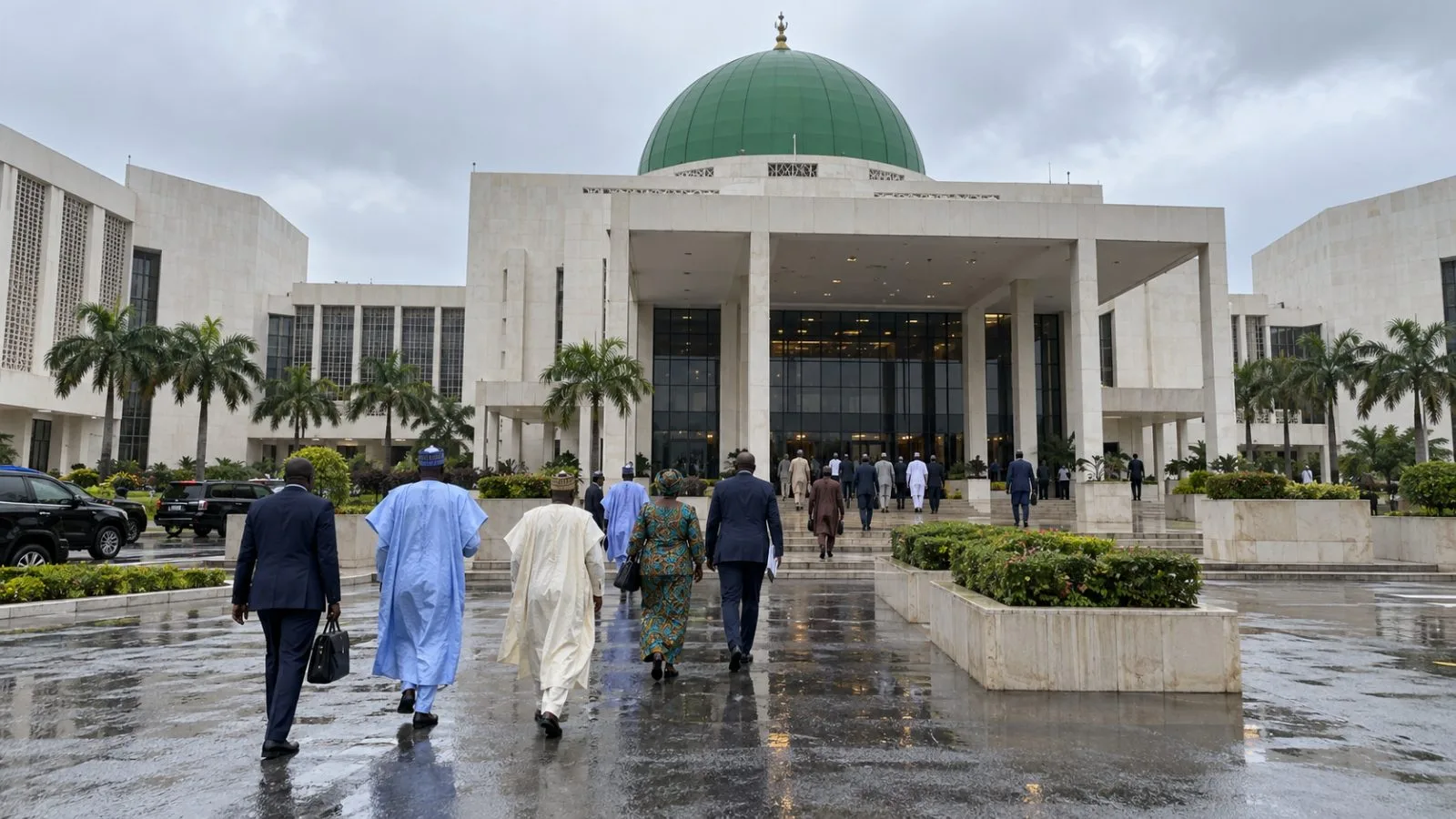 Lawmakers enter Nigeria's National Assembly complex in Abuja under a cloudy morning sky (AI-generated image / EconoTimes)