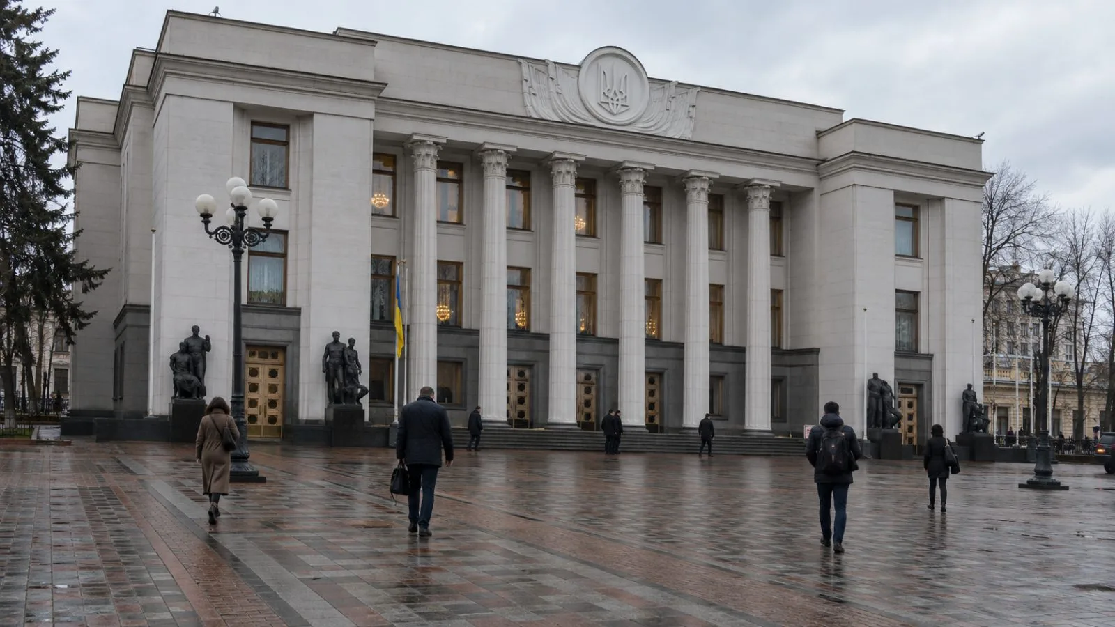 Pedestrians pass the Verkhovna Rada building in Kyiv on an overcast afternoon. (AI-generated image / EconoTimes)