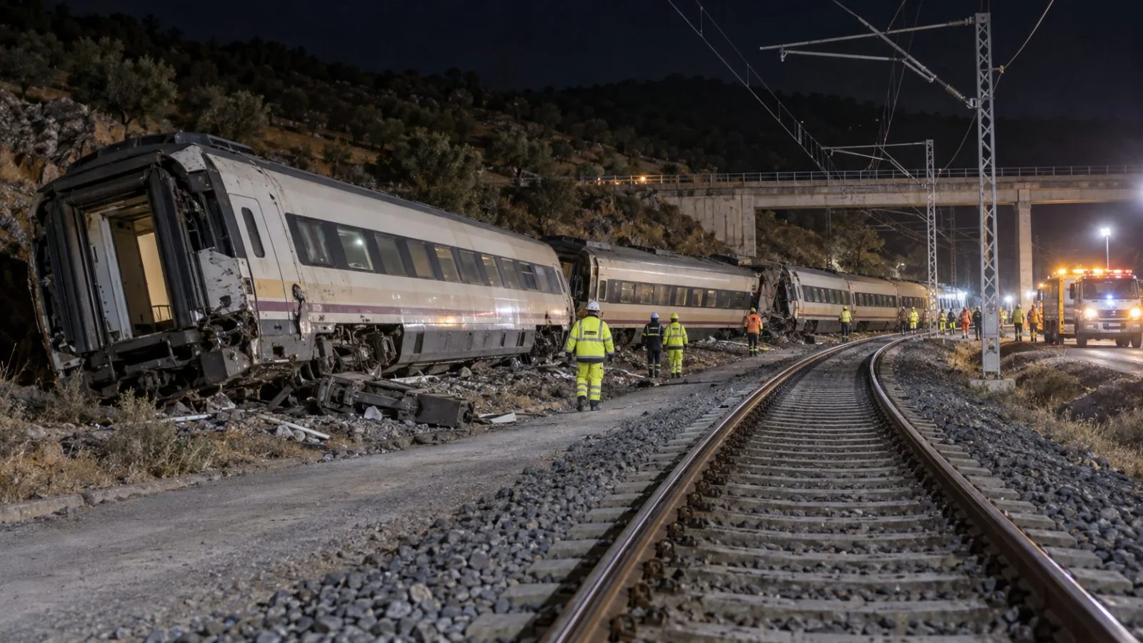 Rescue workers inspect derailed train cars outside Adamuz, Spain (AI-generated image / EconoTimes)