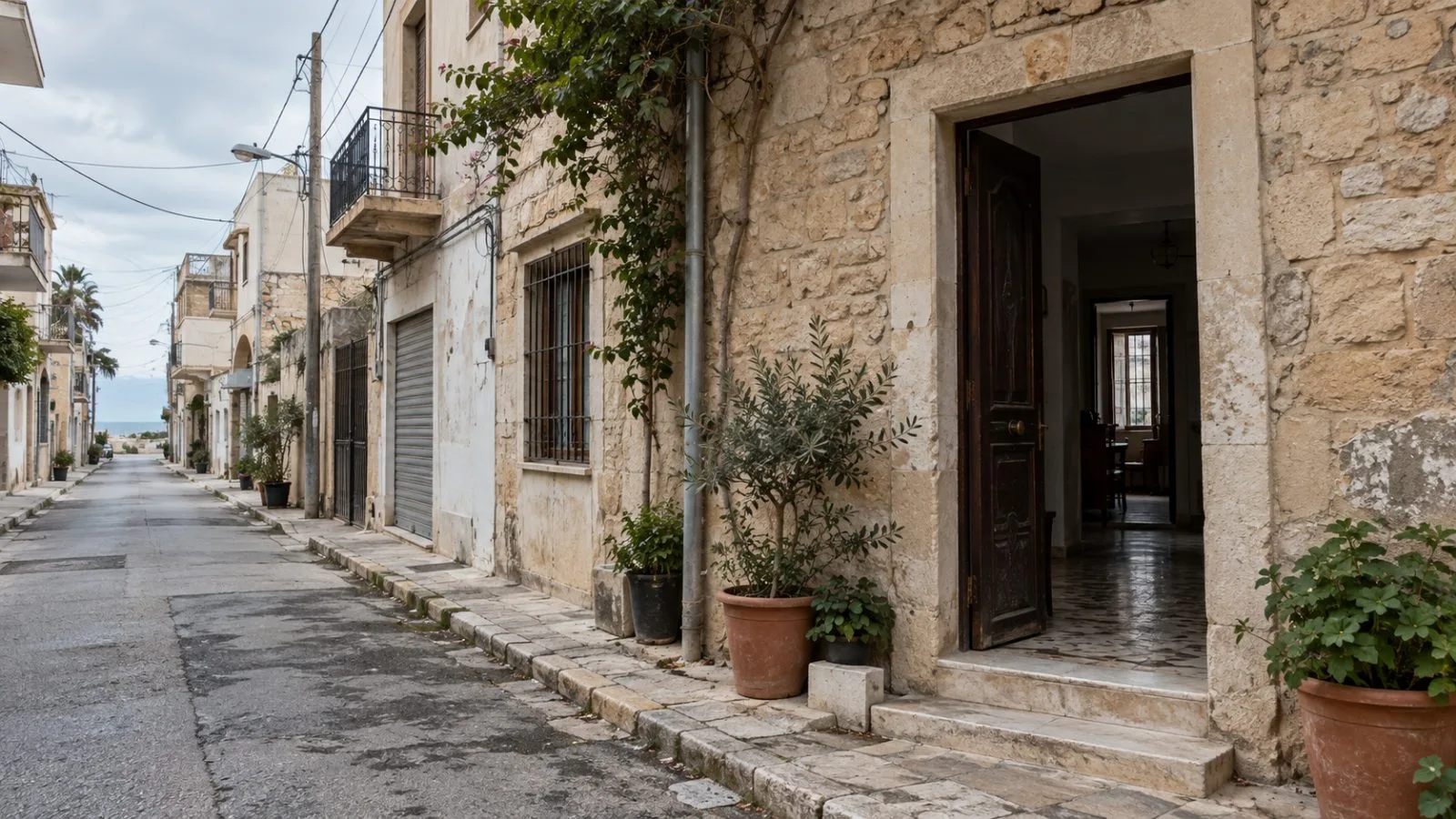 An open doorway reveals an unoccupied home on a street in Tyre, Lebanon. (AI-generated image / EconoTimes)