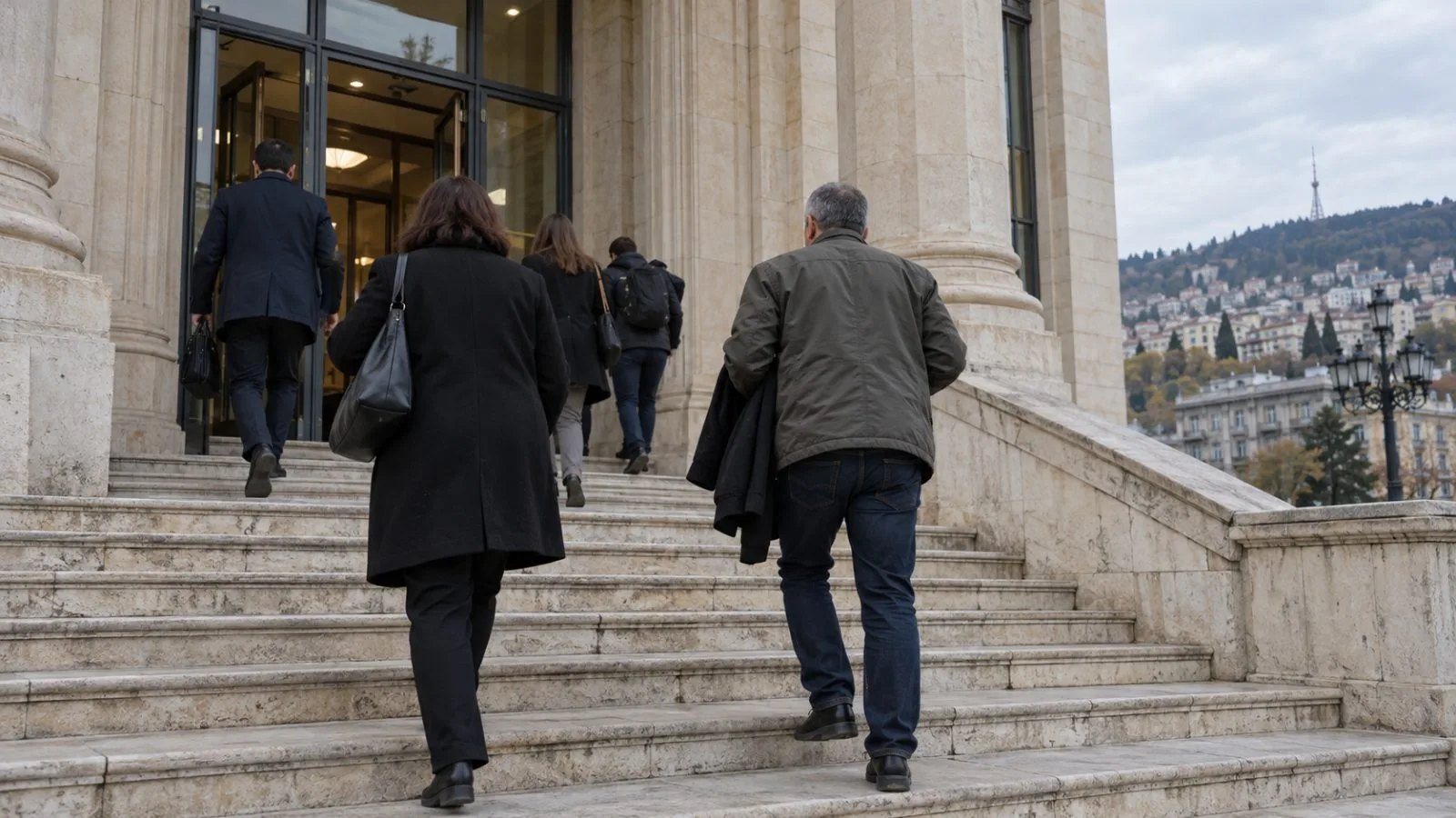 Visitors climb the steps of a courthouse in Tbilisi, Georgia, under overcast skies. (AI-generated image / EconoTimes)