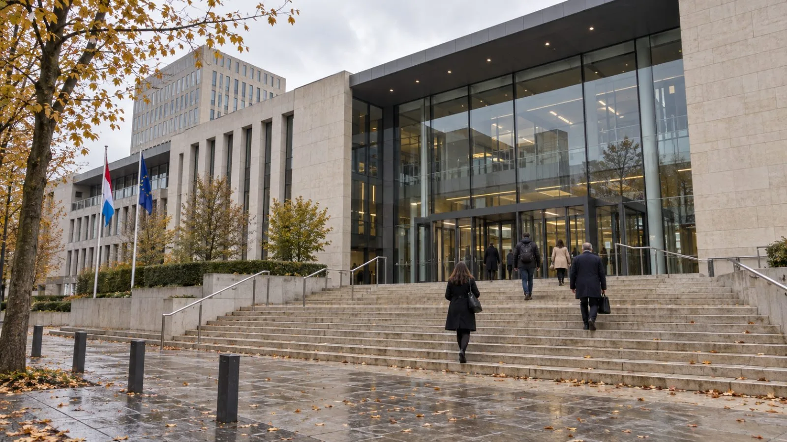 Figures pass the Luxembourg District Court in Luxembourg City on an overcast autumn morning. / EconoTimes.ai