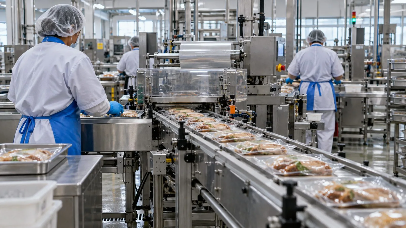 Workers monitor a packaged-food production line at a food-processing facility in Bangkok, Thailand. (AI-generated image / EconoTimes)