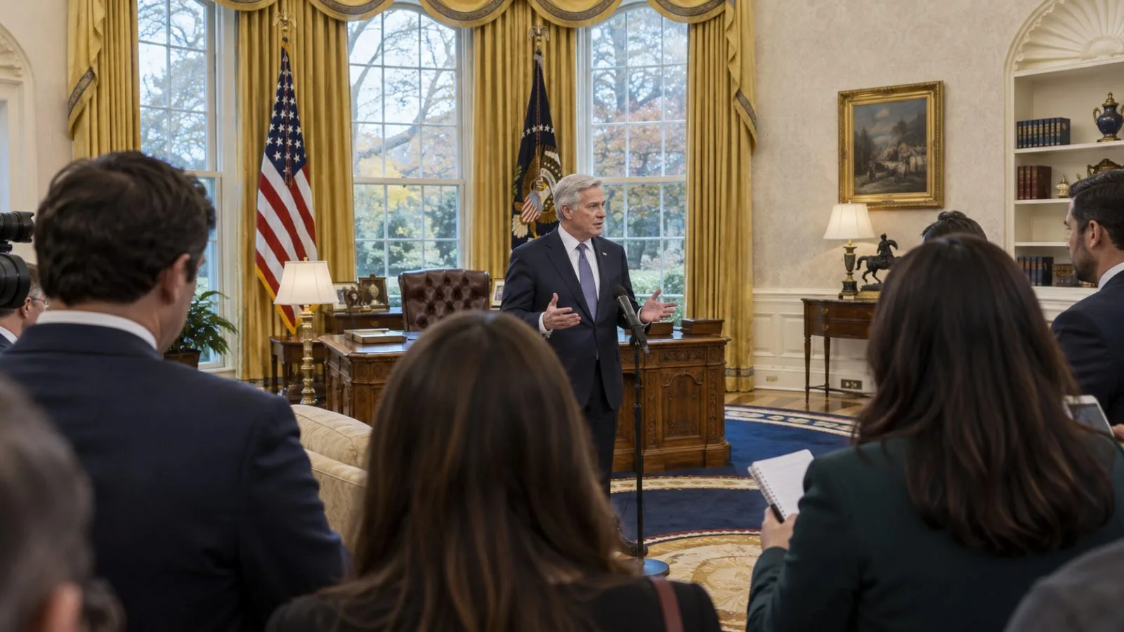 Reporters gather during a press exchange inside the Oval Office in Washington, D.C. (AI-generated image / EconoTimes)