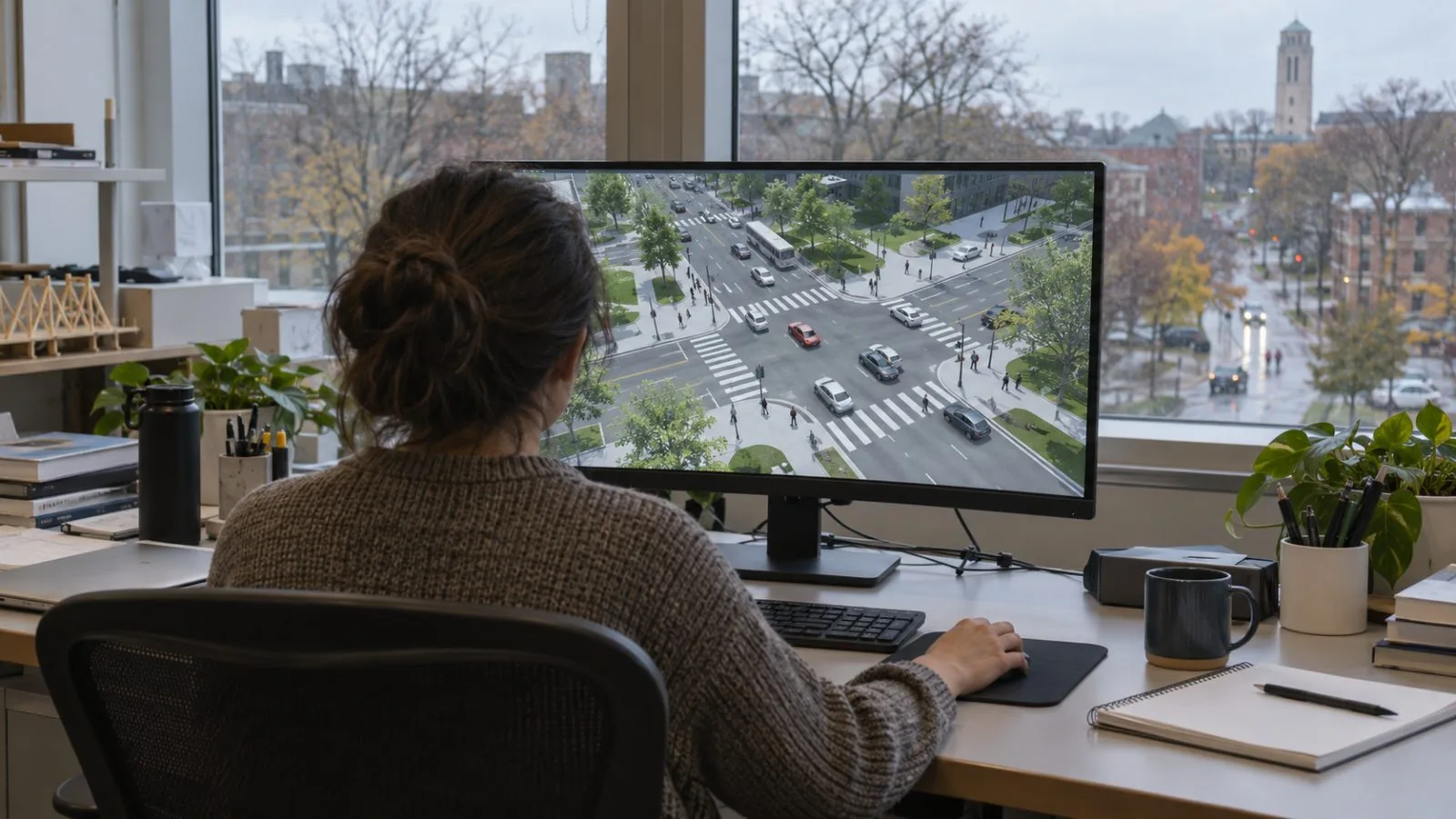 A worker reviews a simulated street intersection on a screen in Ann Arbor, Michigan. (AI-generated image / EconoTimes)