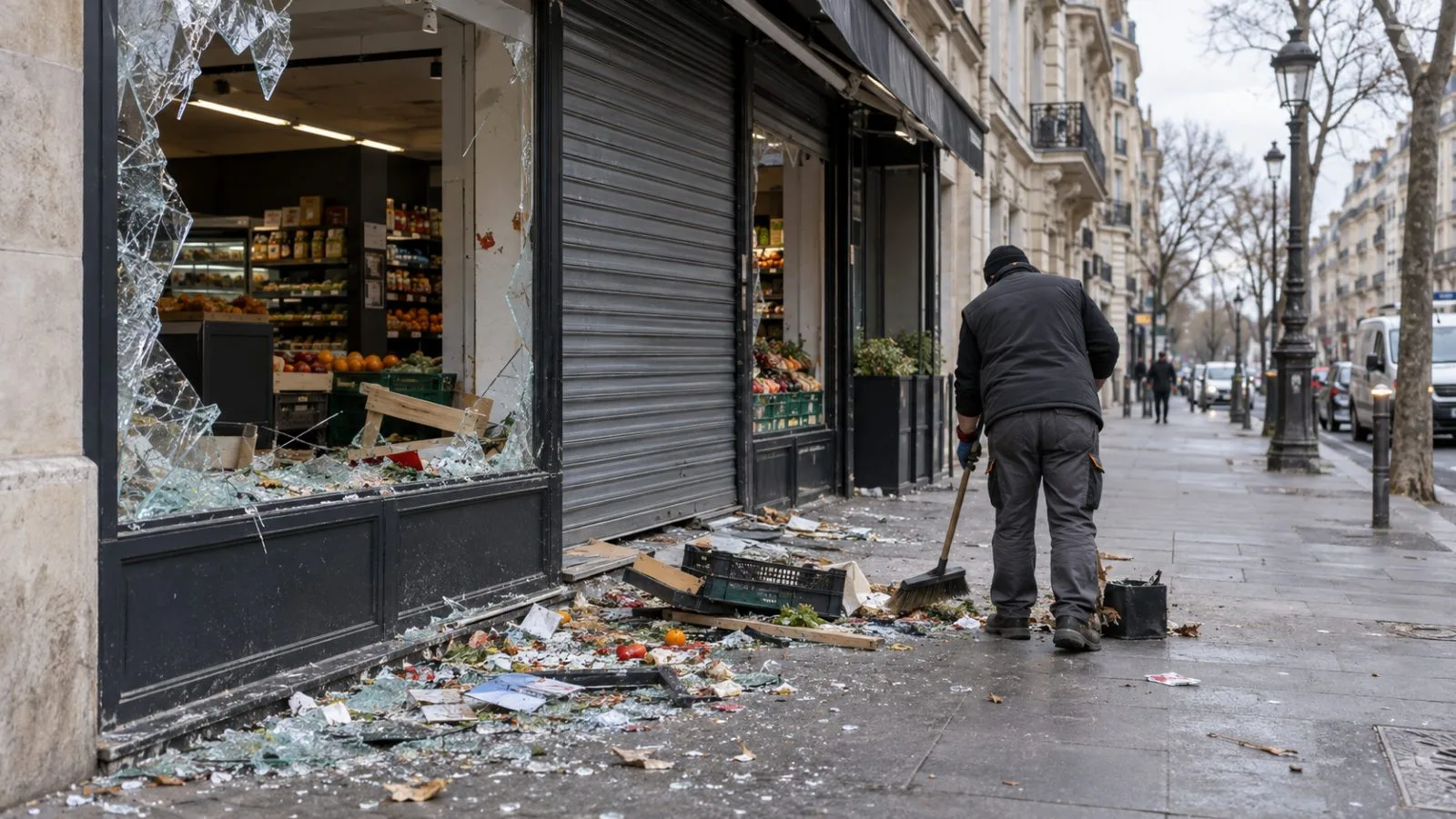 A worker clears debris outside a damaged supermarket on a Paris shopping street. (AI-generated image / EconoTimes)