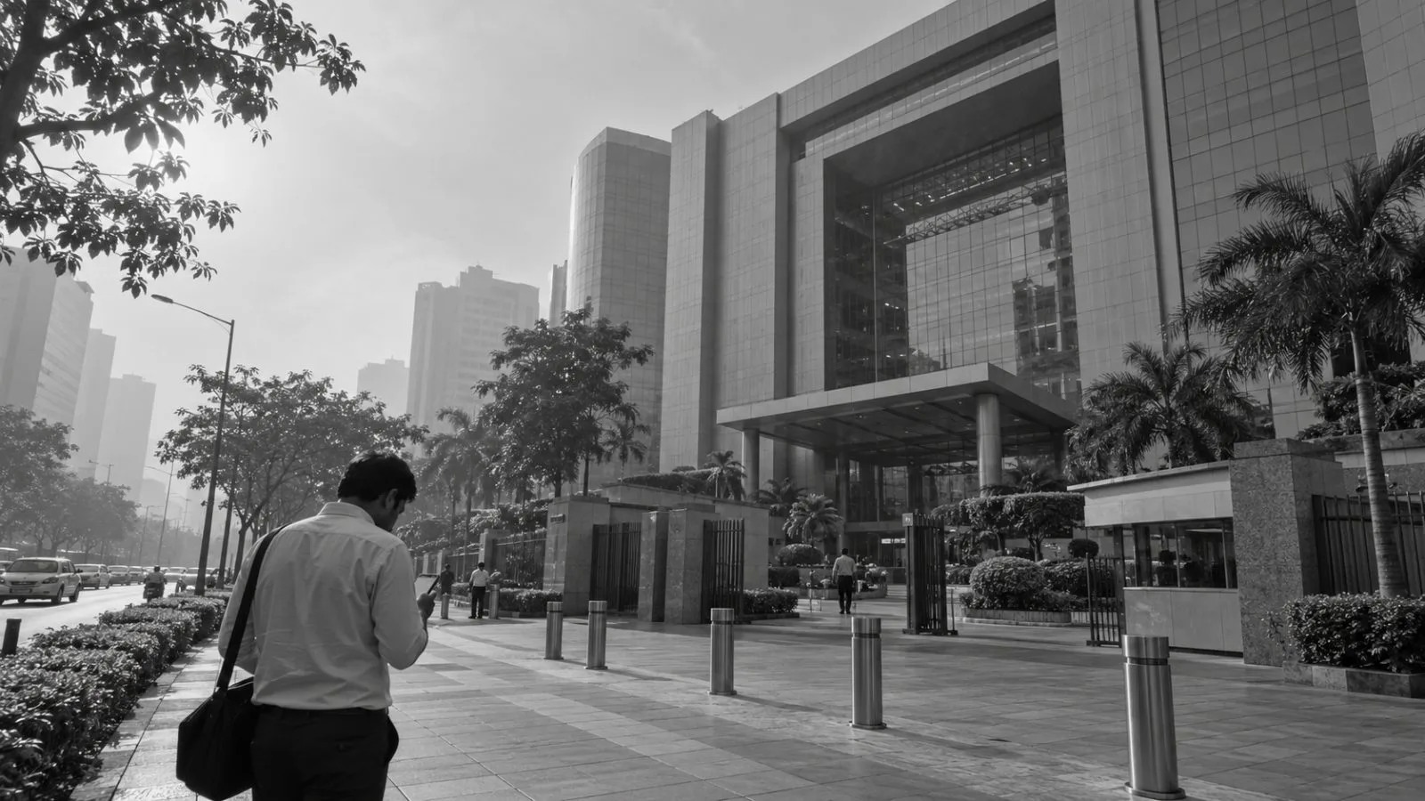 A pedestrian checks a phone outside the National Stock Exchange in Mumbai, India. (AI-generated image / EconoTimes)
