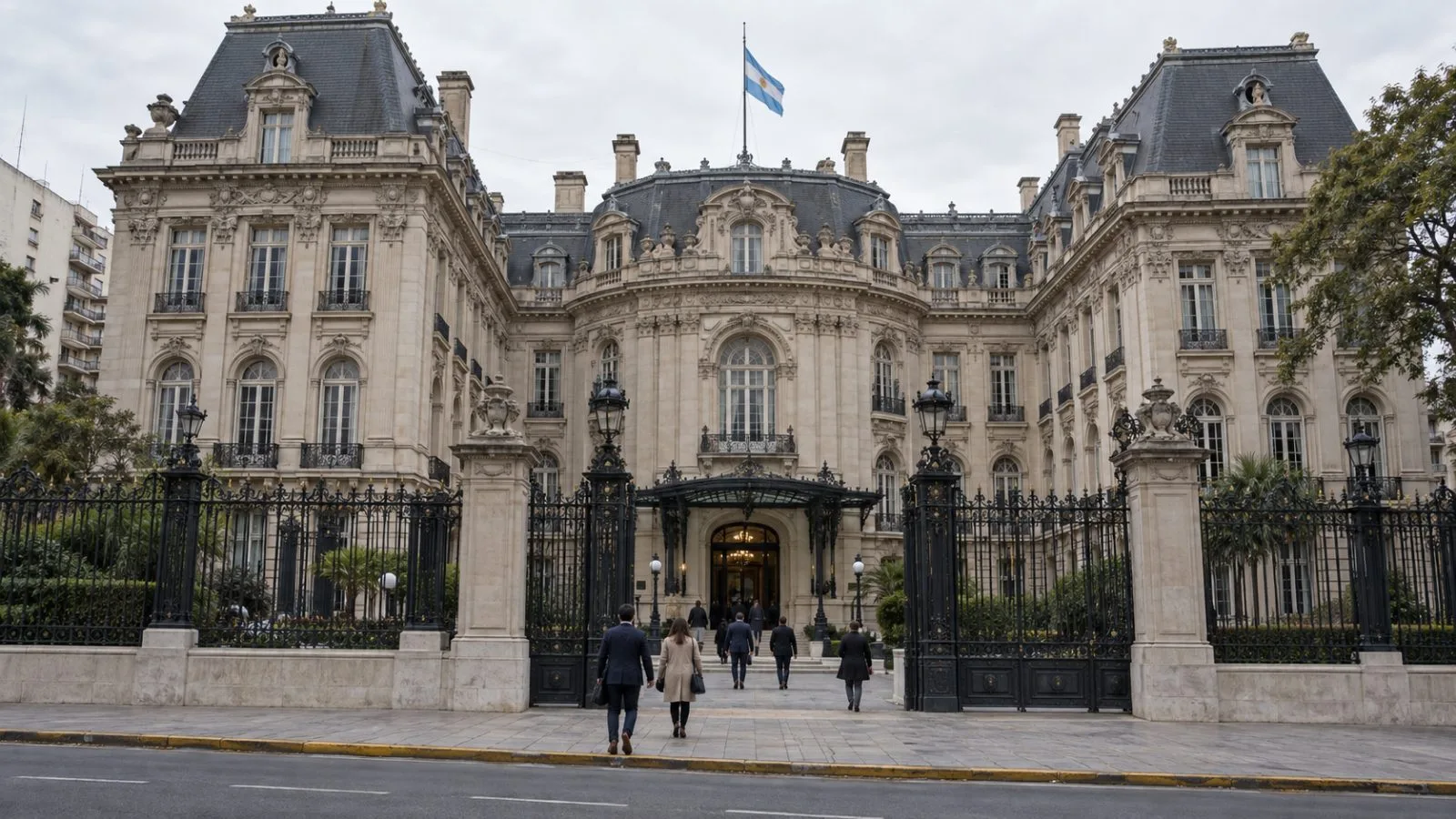 Visitors approach the Argentine Foreign Ministry in Buenos Aires on an overcast afternoon. (AI-generated image / EconoTimes)