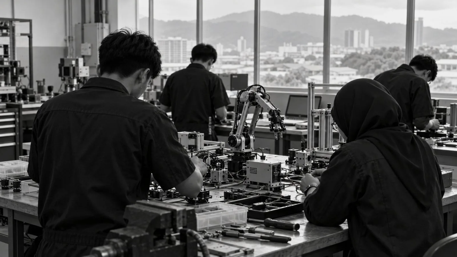 Trainees work at a mechatronics bench in Bayan Lepas, Malaysia. (AI-generated image / EconoTimes)