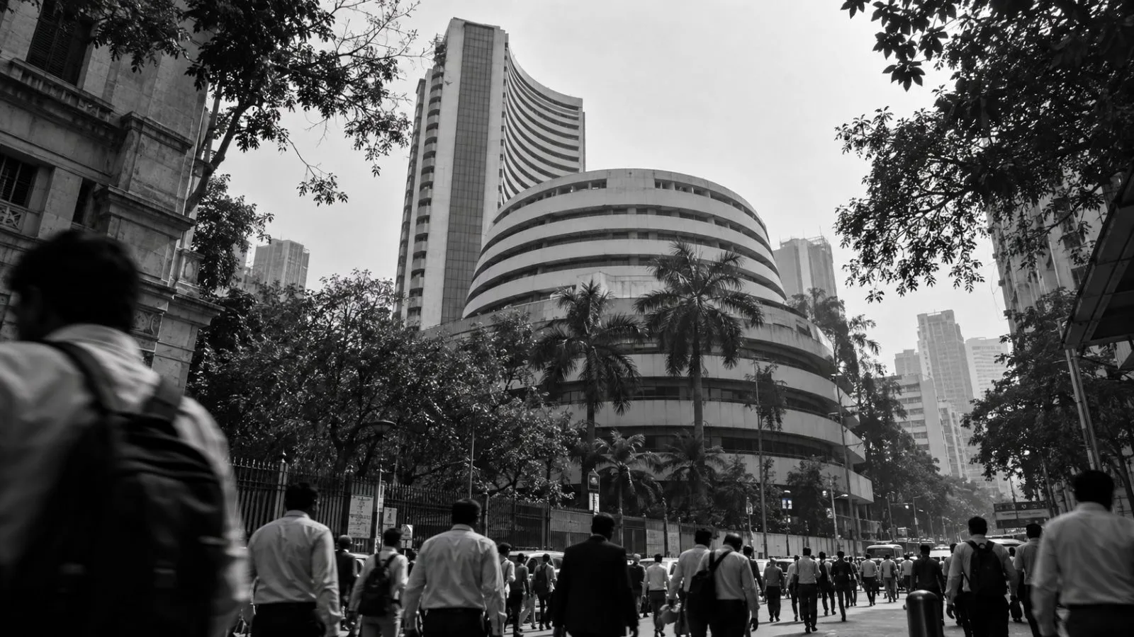 Commuters pass the Bombay Stock Exchange building on Dalal Street in Mumbai. (AI-generated image / EconoTimes)