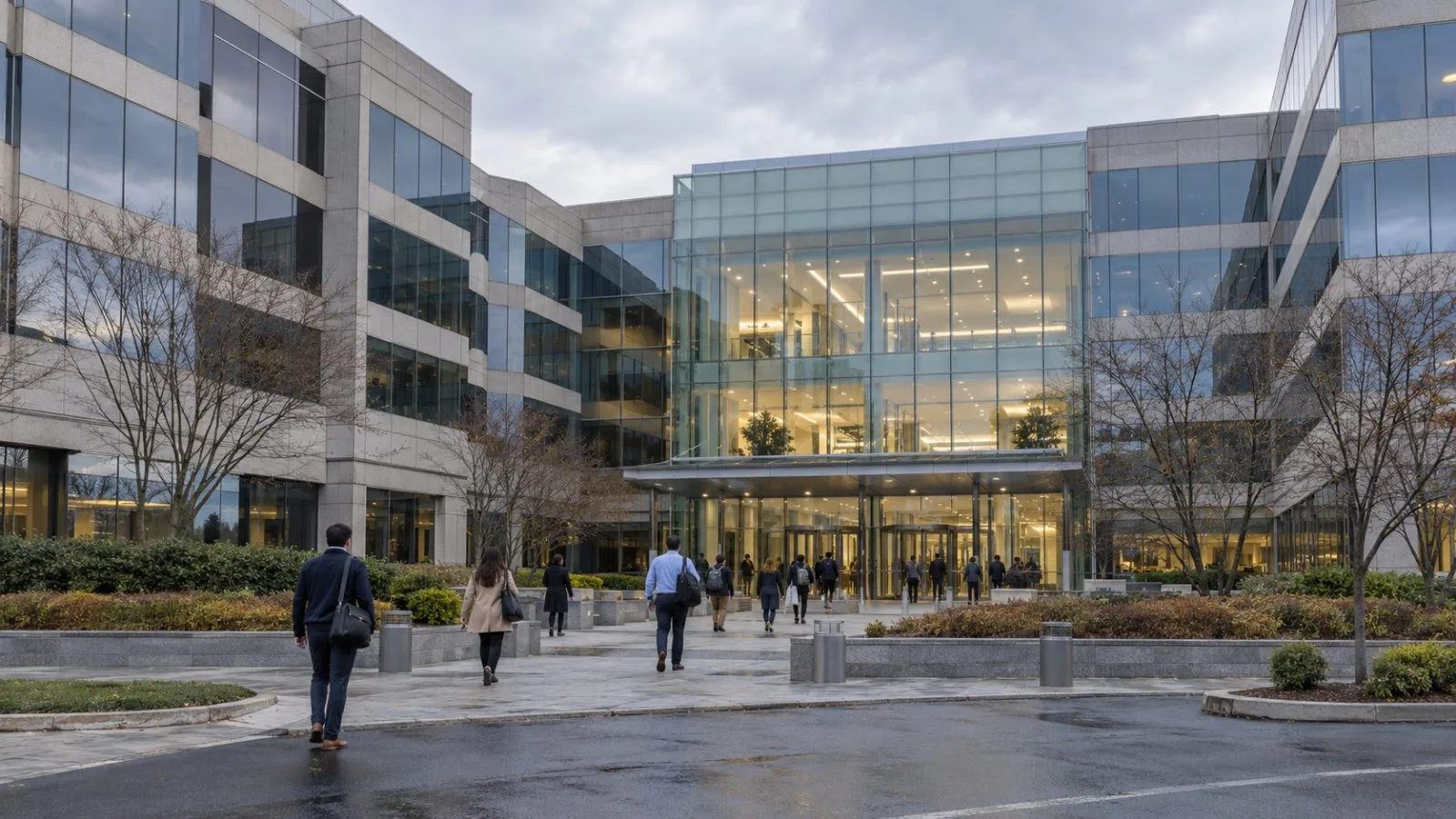 Office workers enter Glenpointe Centre in Teaneck, New Jersey, under cloudy skies. (AI-generated image / EconoTimes)