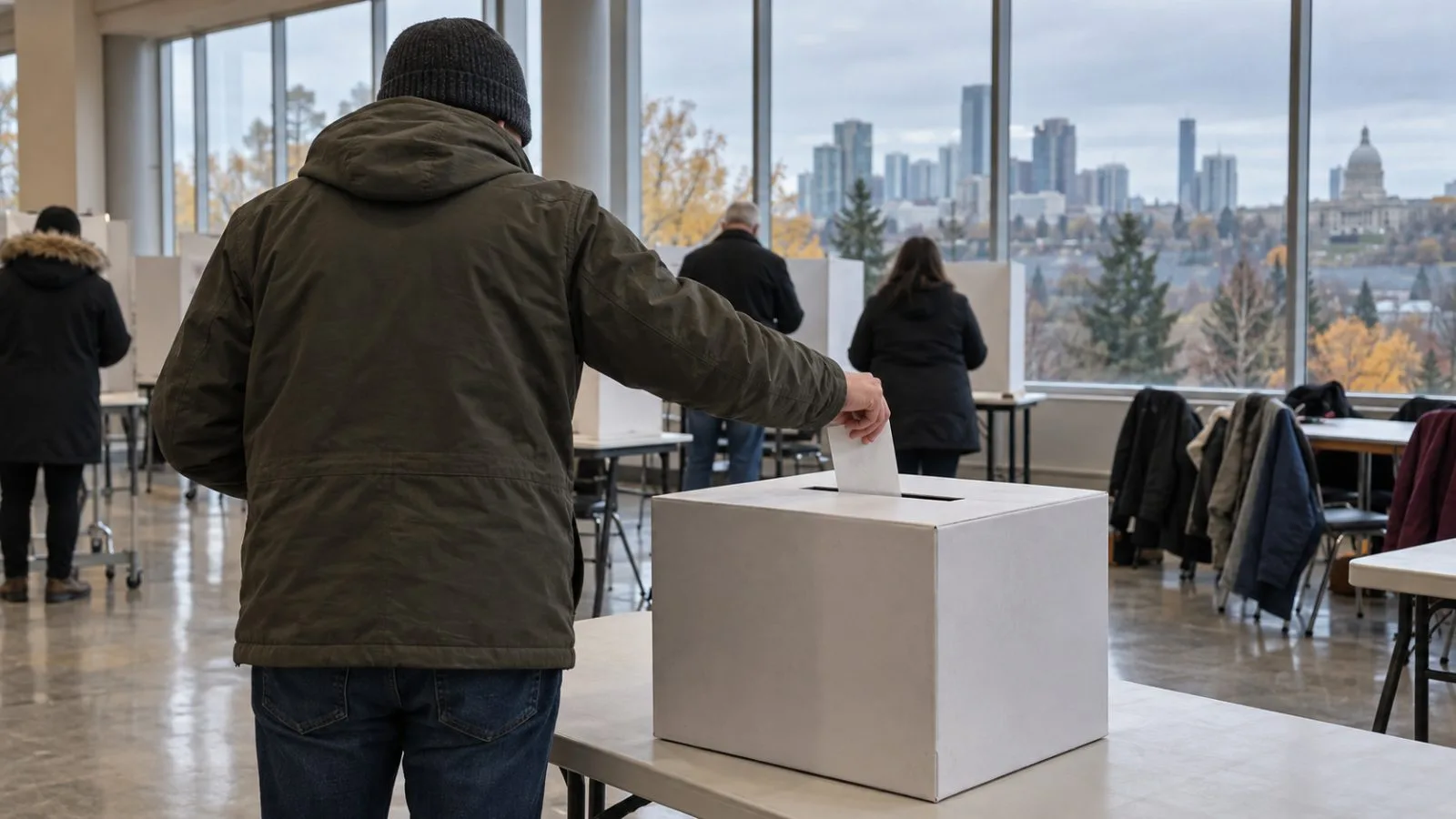 A voter casts a ballot at a polling station in Edmonton, Alberta, Canada (AI-generated image / EconoTimes)