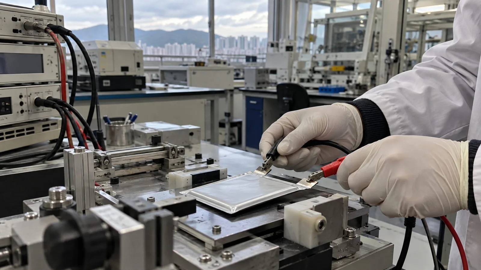 Gloved hands position a pouch battery cell in a Chonnam National University laboratory in Gwangju. (AI-generated image / EconoTimes)