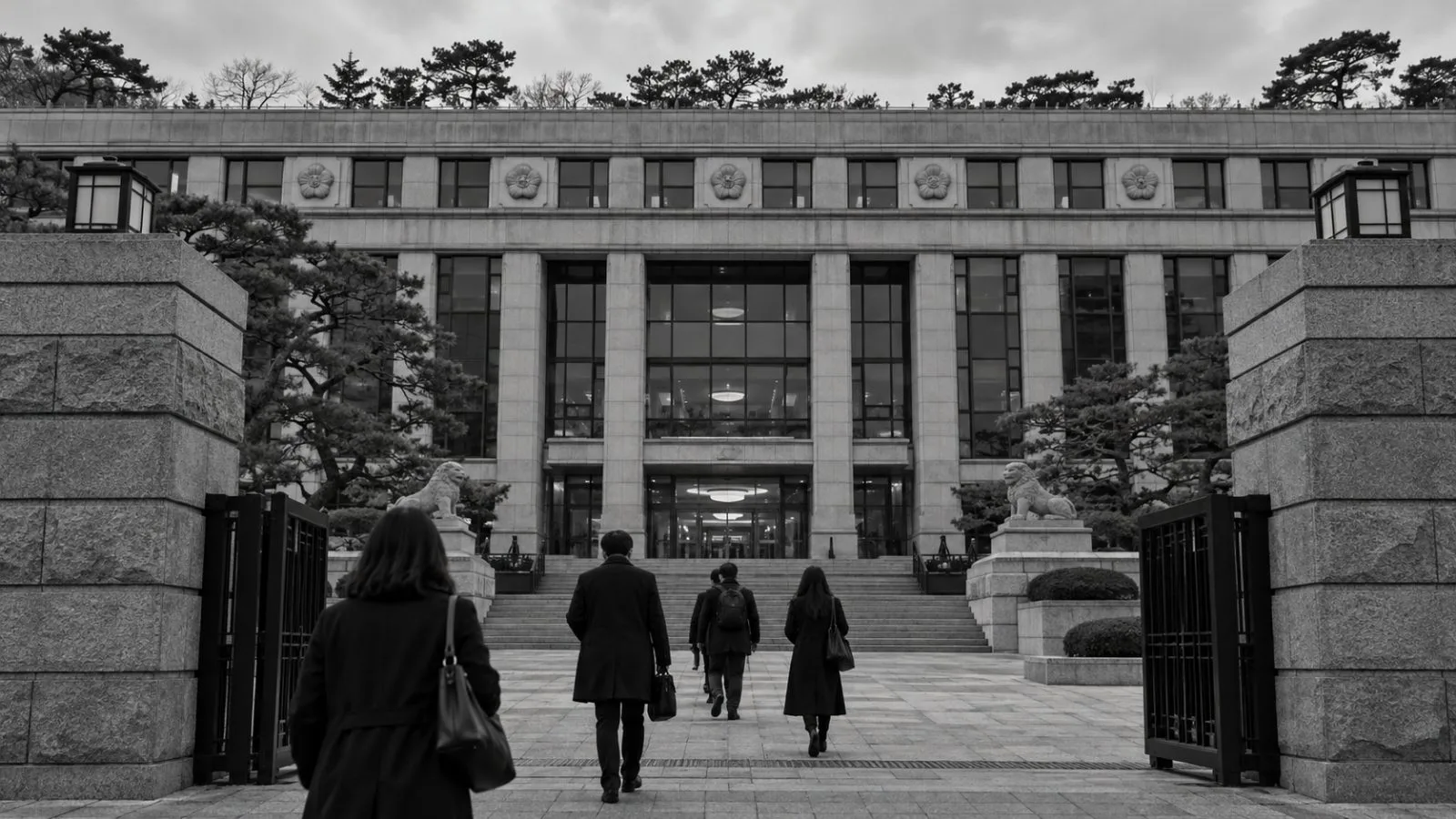 Visitors approach the Constitutional Court building in Seoul under an overcast sky. (AI-generated image / EconoTimes)
