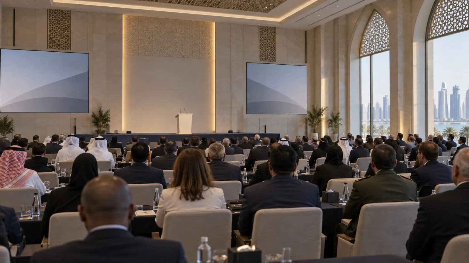 Delegates face a lectern inside a conference hall in Doha, Qatar. (AI-generated image / EconoTimes)