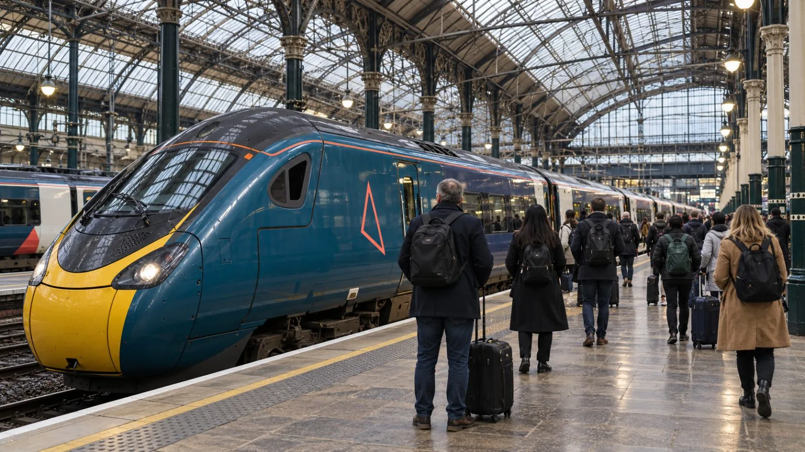 Passengers wait beside an intercity train at London Euston station in London. / EconoTimes.ai