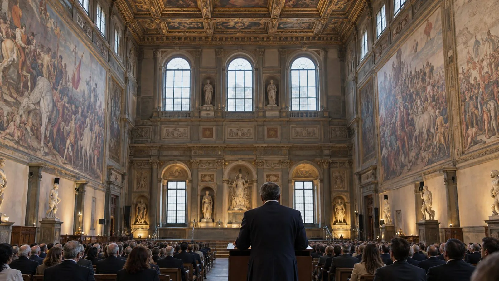 Regional delegates gather in the Salone dei Cinquecento at Palazzo Vecchio in Florence. (AI-generated image / EconoTimes)
