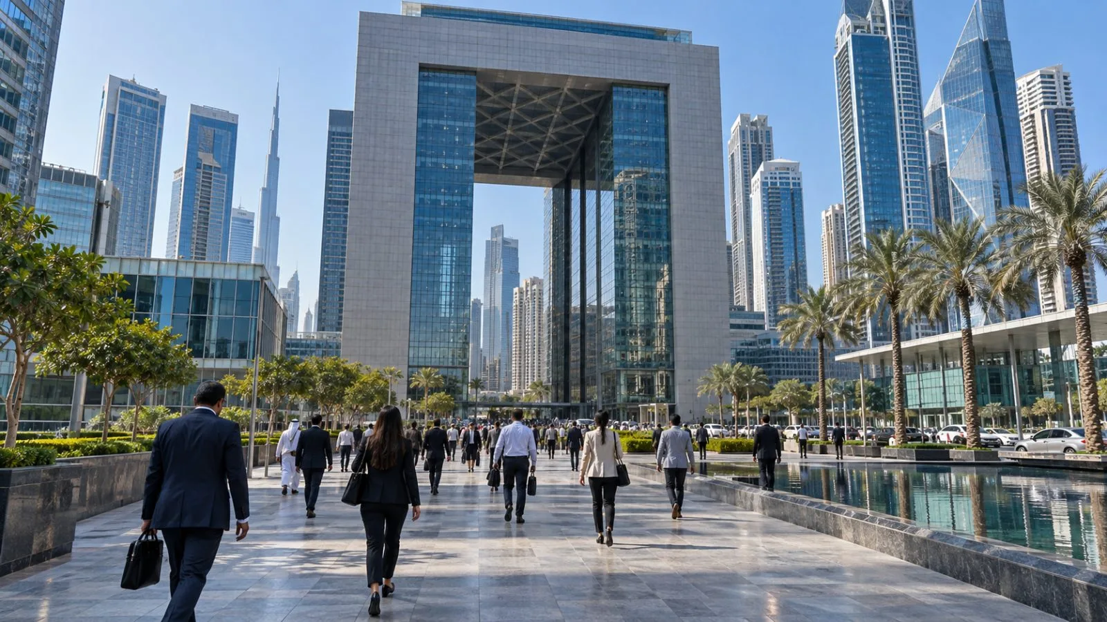 Office workers walk toward the Dubai International Financial Centre on a clear morning. (AI-generated image / EconoTimes)