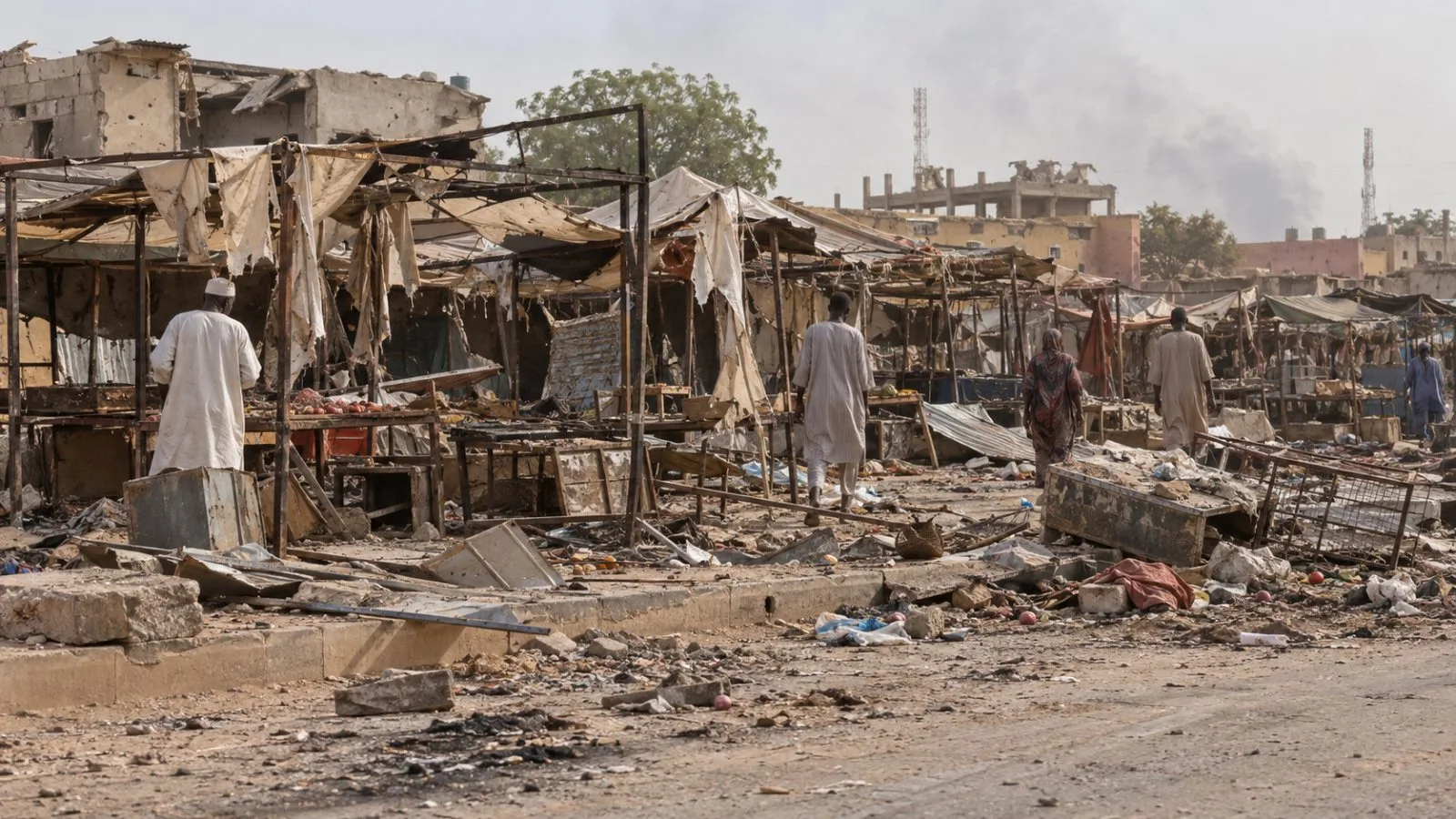 Residents inspect damaged market stalls after airstrikes in Nyala, South Darfur, Sudan (AI-generated image / EconoTimes)