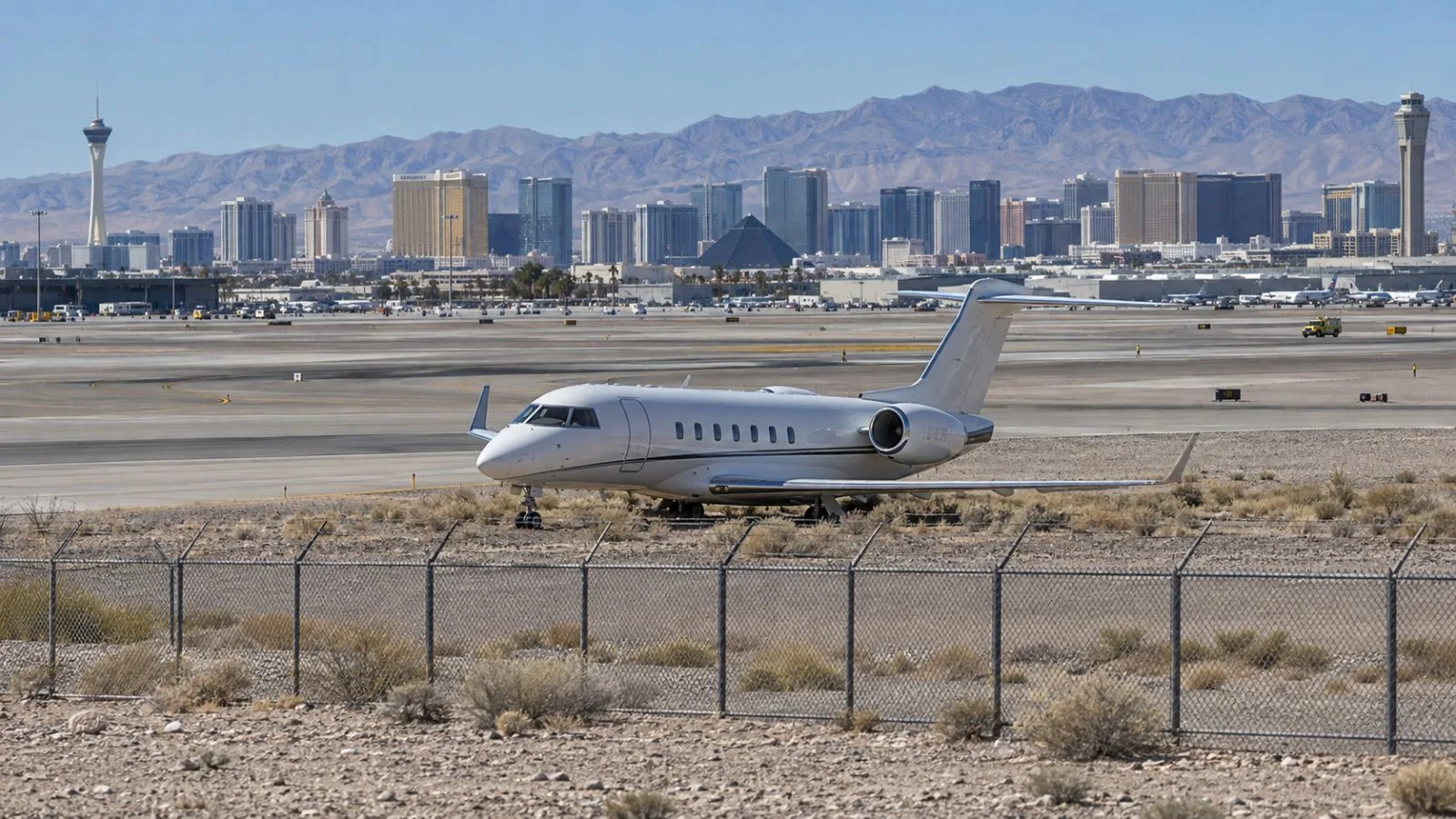 A private jet stands near a perimeter fence at Harry Reid International Airport. (AI-generated image / EconoTimes)