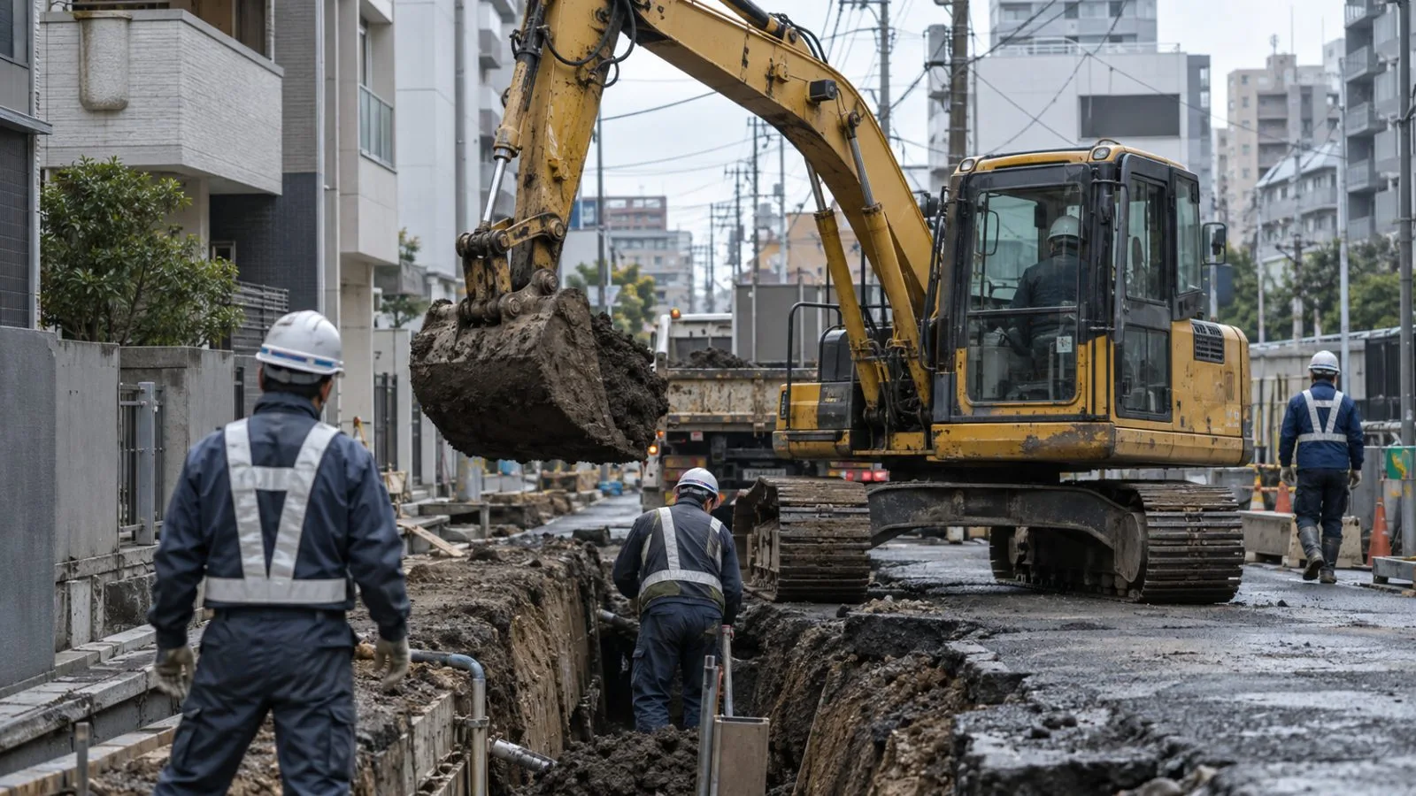 An excavator moves earth at a road construction site in Tokyo, Japan. (AI-generated image / EconoTimes)