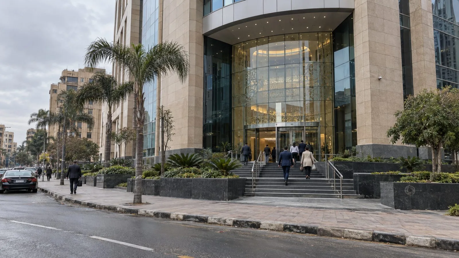 Afreximbank’s headquarters stands along El-Maahad El-Eshteraky Street in Heliopolis, Cairo. (AI-generated image / EconoTimes)