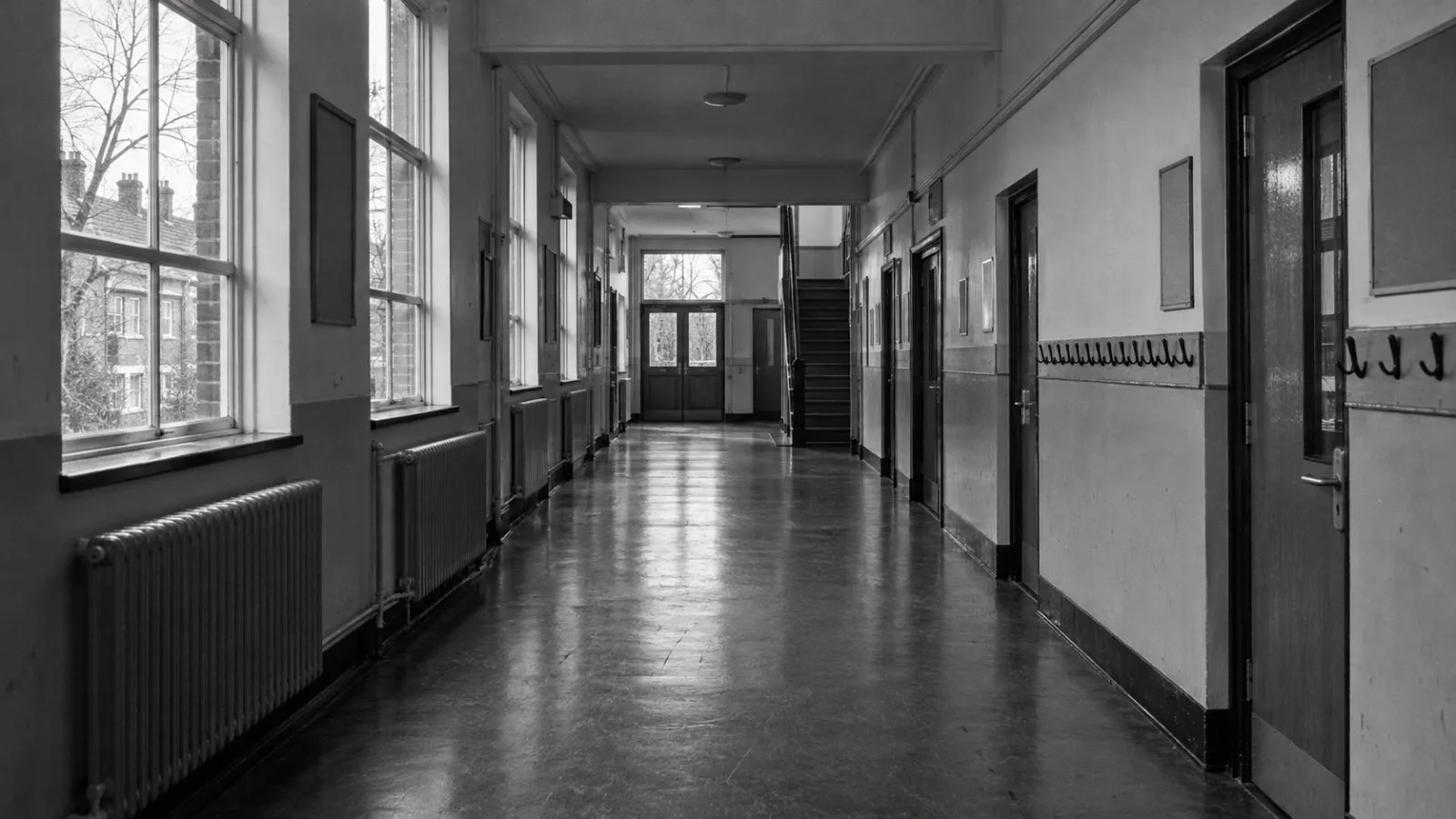 Empty coat hooks line a secondary school corridor in London, England, on a winter morning. (AI-generated image / EconoTimes)