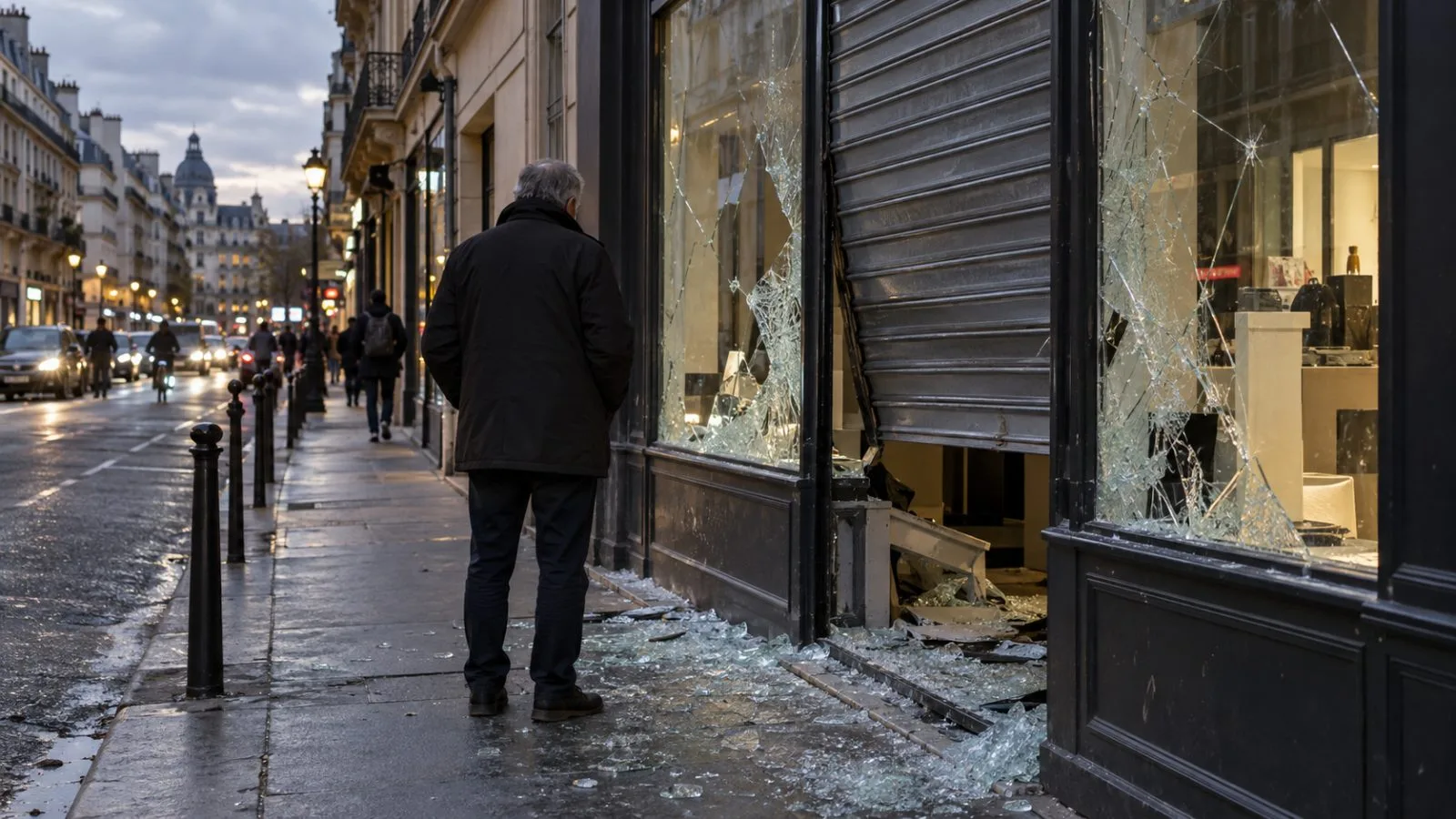 A shopkeeper inspects a damaged storefront on a Paris shopping street at dusk. (AI-generated image / EconoTimes)
