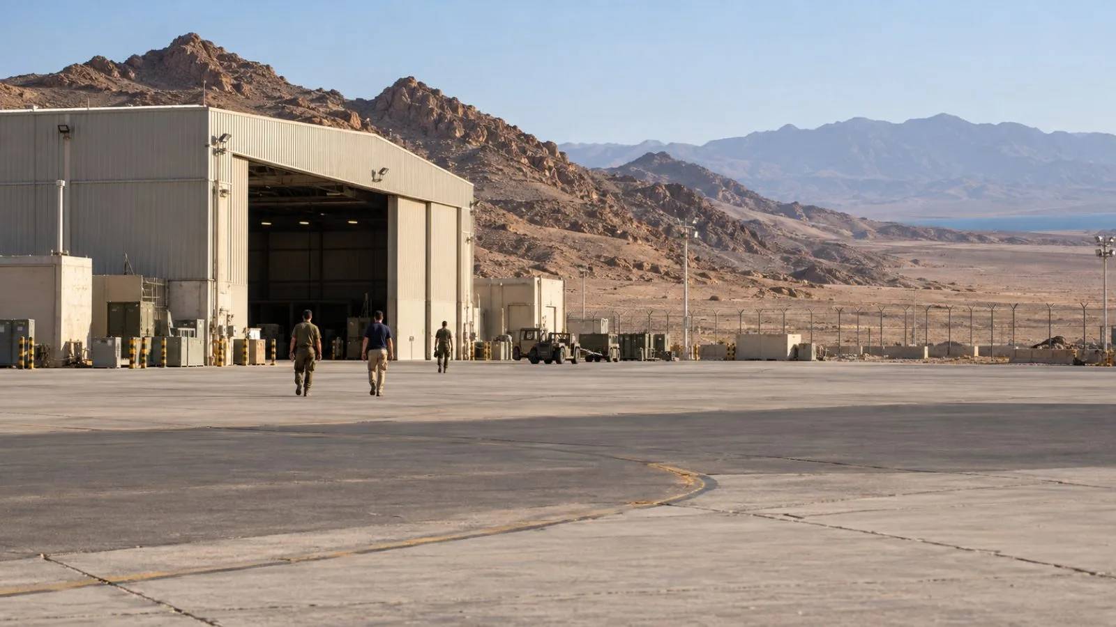 Personnel walk near an aircraft hangar at Uvda air force base in southern Israel. (AI-generated image / EconoTimes)