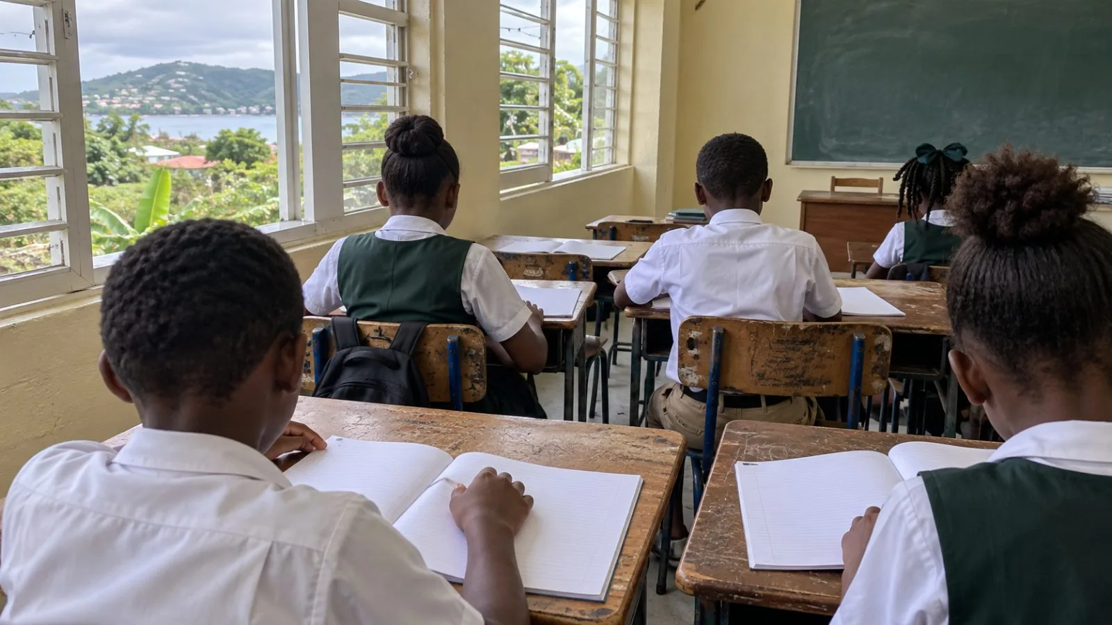 Pupils open exercise books during a lesson at a school in St. George's, Grenada. (AI-generated image / EconoTimes)