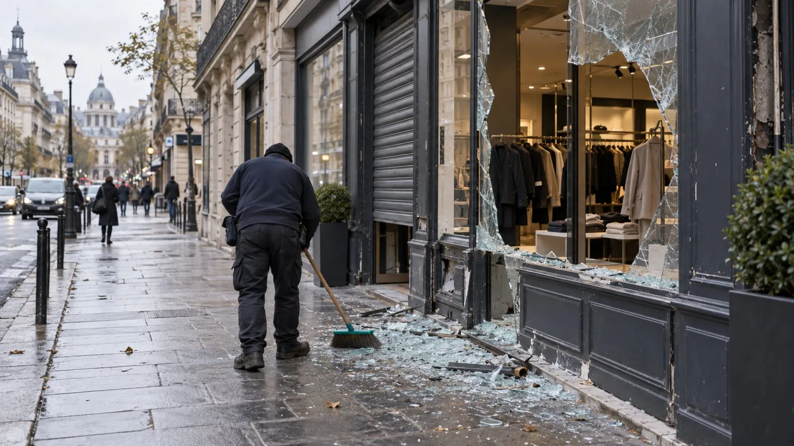A worker sweeps glass outside a damaged shop on a Paris shopping street, France (AI-generated image / EconoTimes)