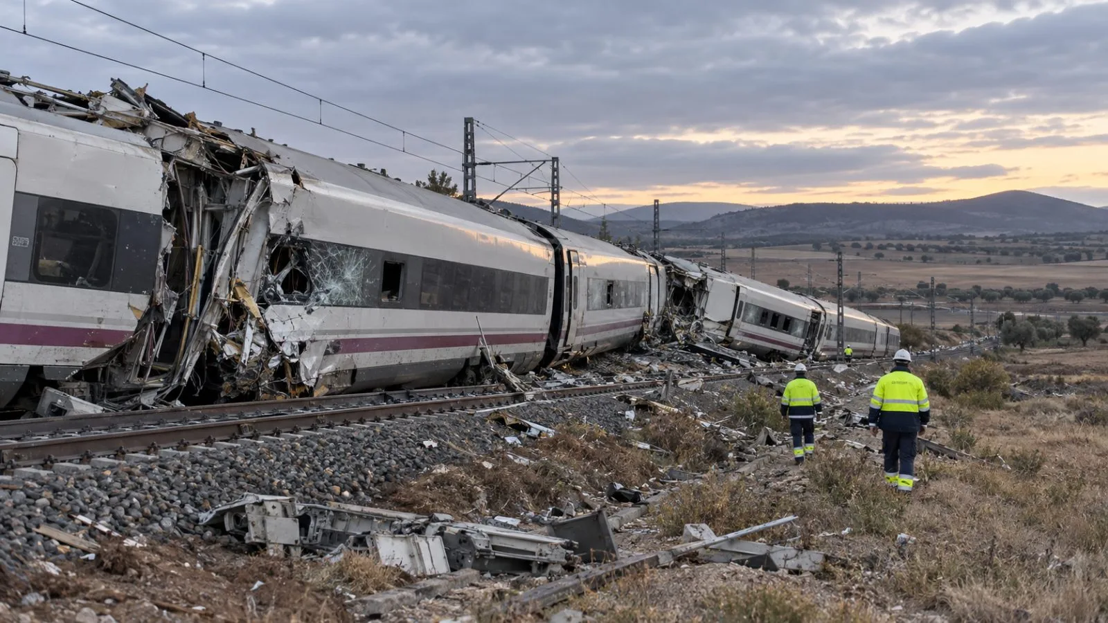 Damaged high-speed train cars rest beside a rural railway near Urda, Toledo province, Spain. (AI-generated image / EconoTimes)