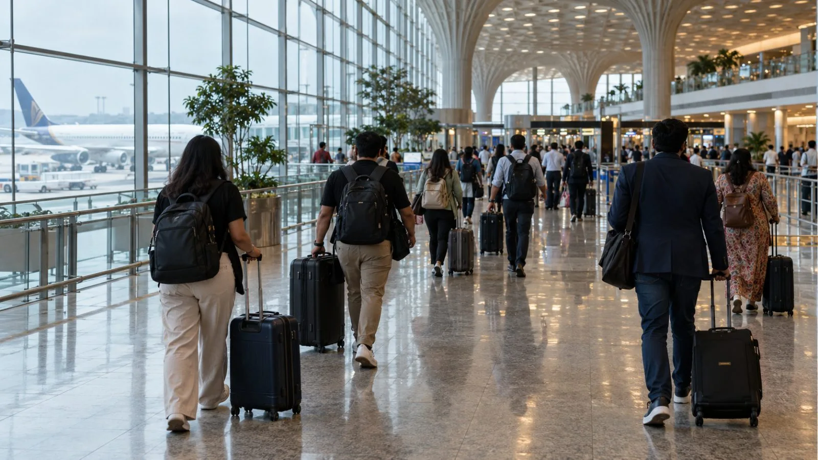 Travelers queue with luggage at Mumbai’s Chhatrapati Shivaji Maharaj International Airport. (AI-generated image / EconoTimes)
