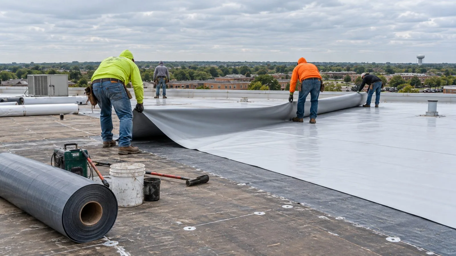Roofing workers handle membrane on a low-slope commercial roof in Edmond, Oklahoma. (AI-generated image / EconoTimes)